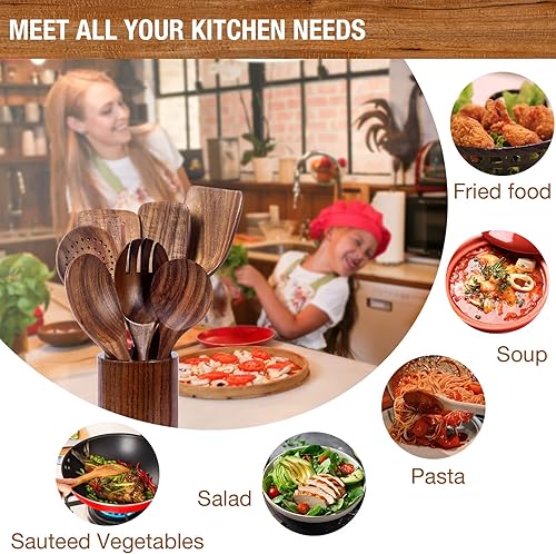Miniatura 5 de Juego de utensilios de cocina de madera de teca, 9 piezas antiadherentes seguros con soporte, soporte para cuchara y 6 ganchos de metal, utensilios