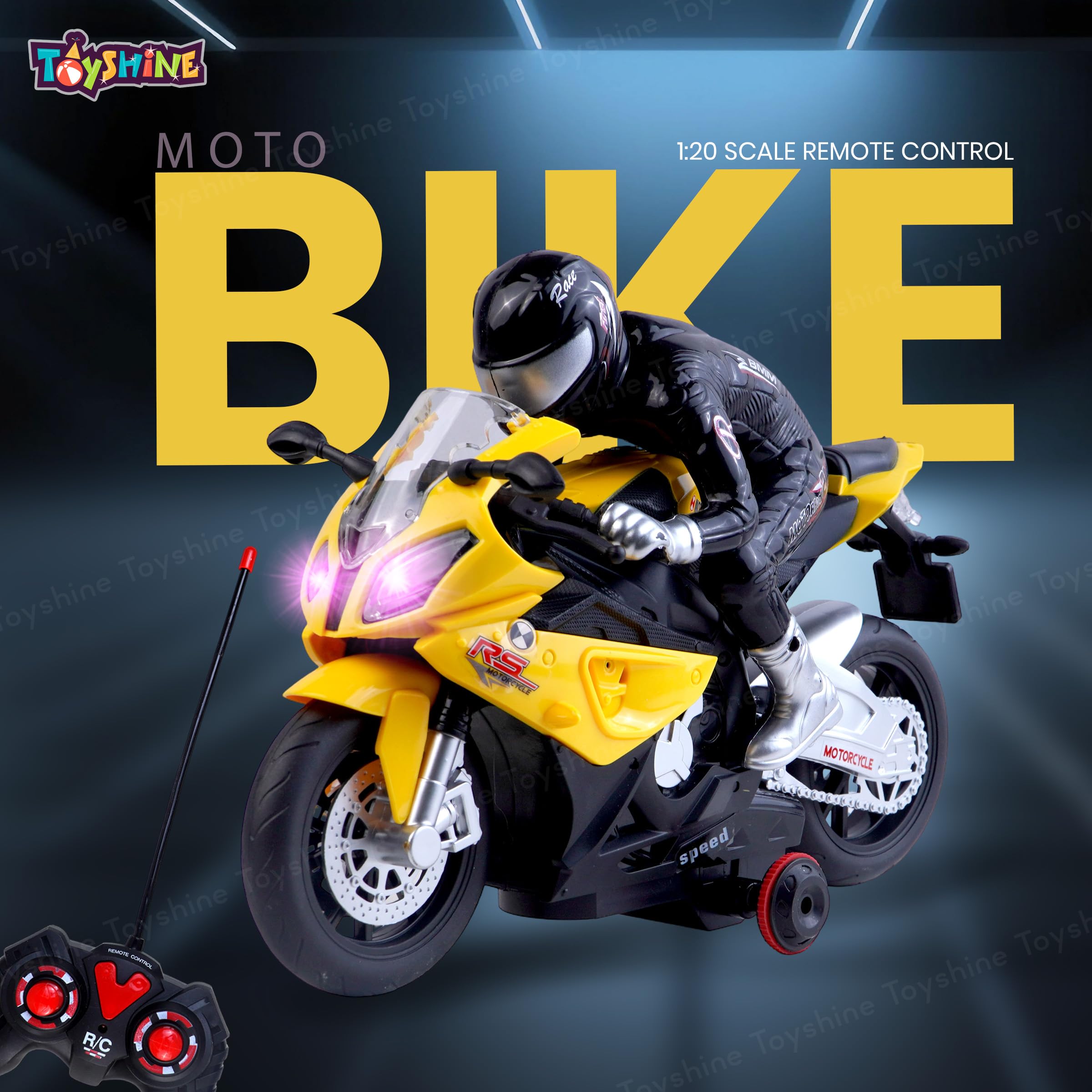 Toyshine 1:20 Scale Remote Control Rechargeable 360° Spinning Action Racing Motorbike Toy with Light & Sound Function for Boys Girls 4+, Yellow - Image 2 thumbnail