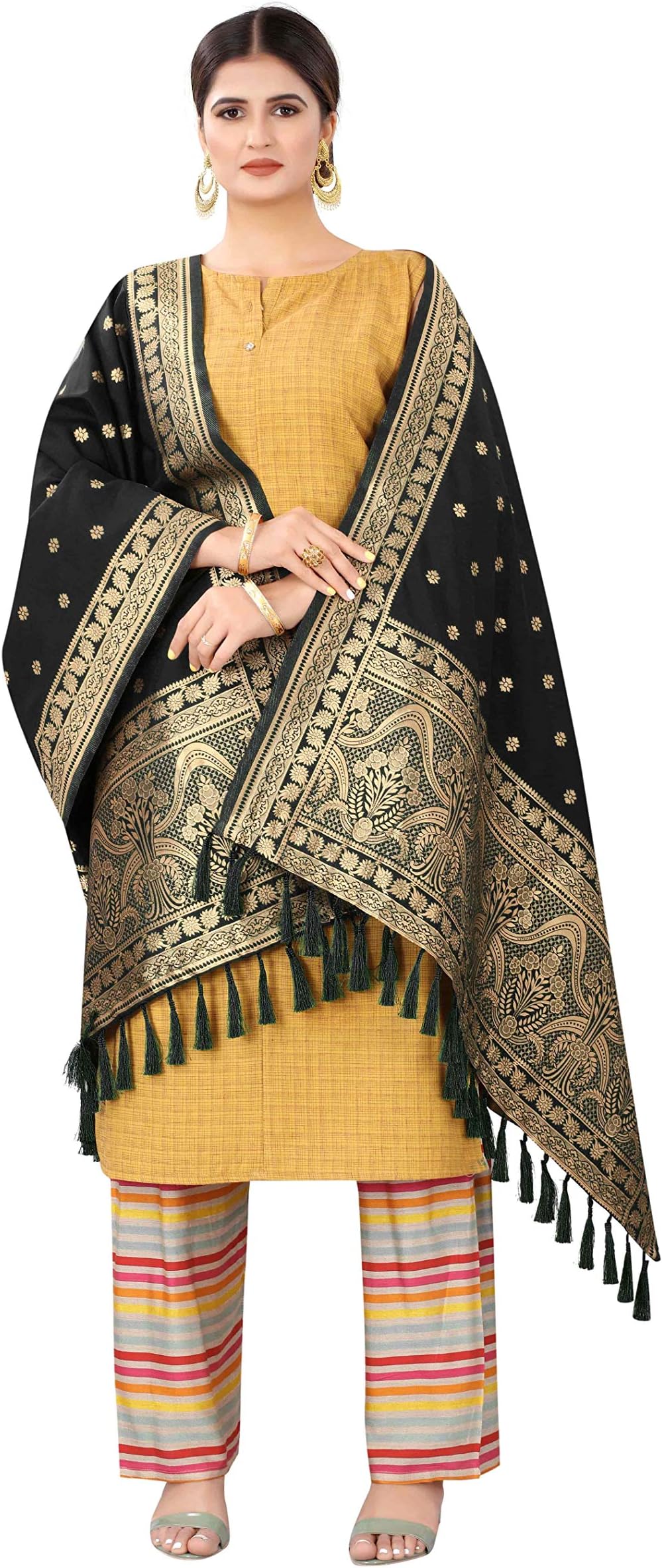 EnthoneWomen's Woven Design Silk Dupatta, Black, Free Size