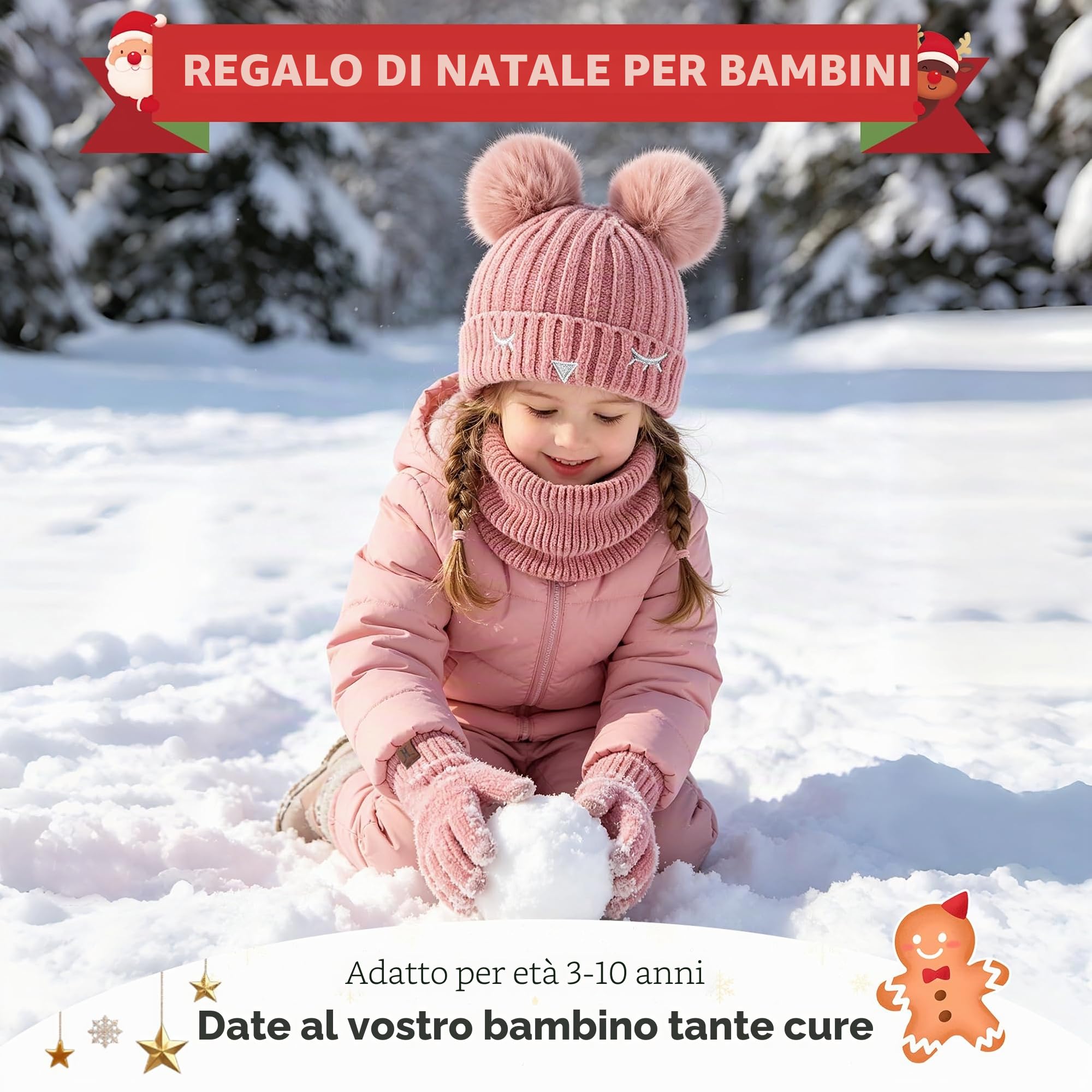 Bambino Bambina Invernale Termico Cappello Berretto Beanie con Pompom Sciarpa Scaldacollo in Maglia Guanti Touch Screen Set per 3-10 Anni Bambini