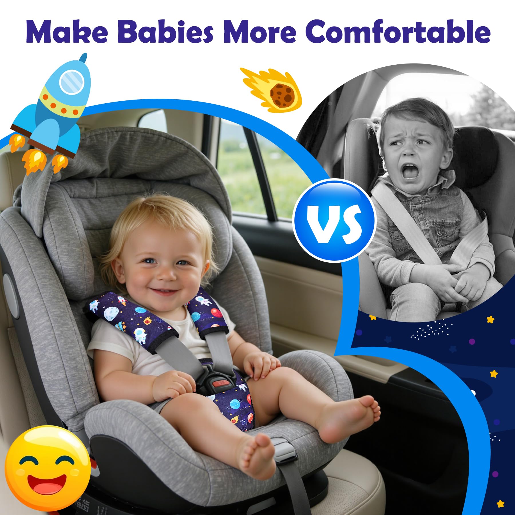 AZAMIA 3 Pcs Car Seat Stroller Straps Pads for Baby, Newborn Soft Shoulder Strap and Crotch Covers, Universal Shoulder Straps Pads for Car Seat, Pushchair, High Chair (Starry Sky) - 4
