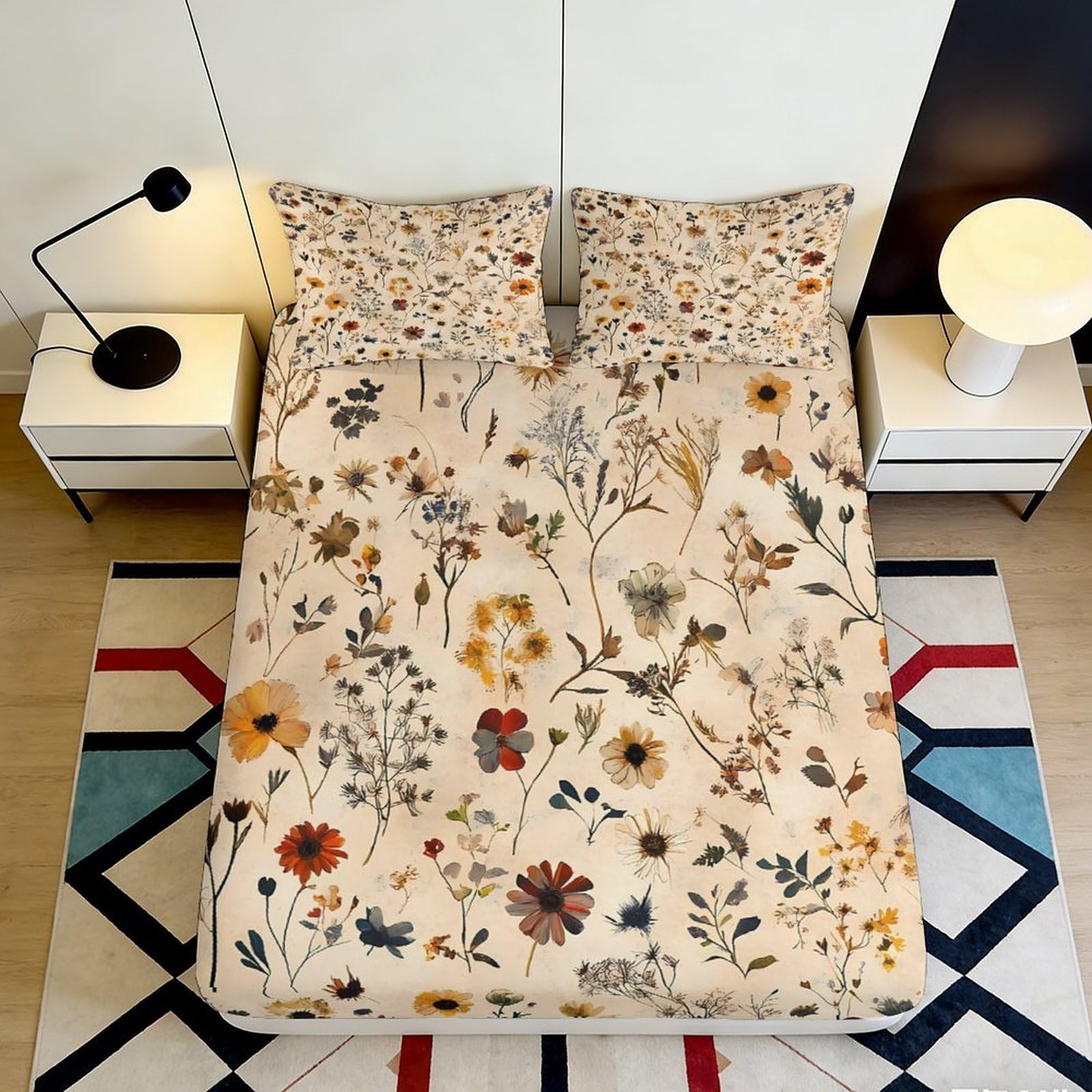 3D Printed Wildflower Fitted Sheet Microfiber Elastic Non-Slip Autumn Meadow Mattress Cover Washable for Bedroom Guest Room Decor 120x200 90x200x25cm