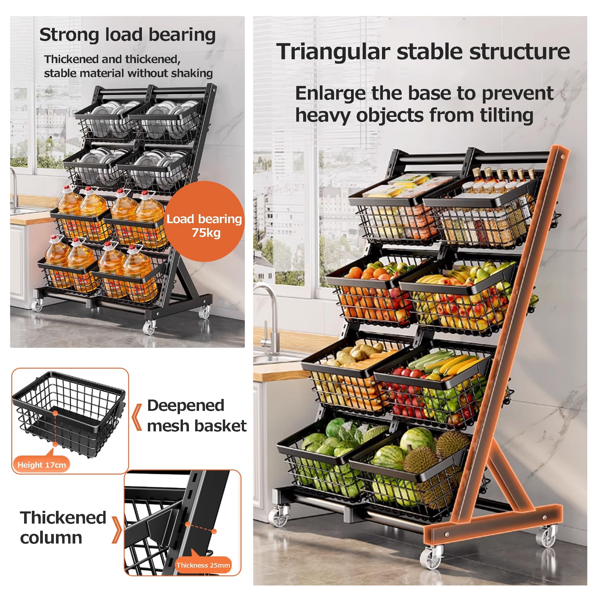 Präsentationsregal für Snacks, Obst- und Gemüseregal auf dem Boden, multifunktionales Aufbewahrungsregal für Haushaltsgemüse, Küchenorganizer mit Aufbewahrungskörben(Nero,73 * 40 * 112.5cm)