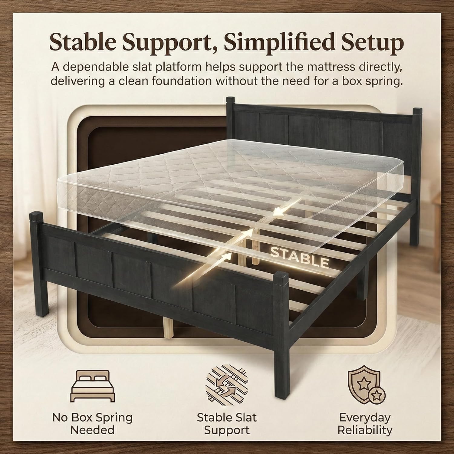 Queen Size Platform Bed Frame with Headboard & Footboard, Modern Farmhouse Wood Grain Flat Panel Bed for Adults, Teens, Small Spaces & Guest Room, No Box Spring Needed, Black