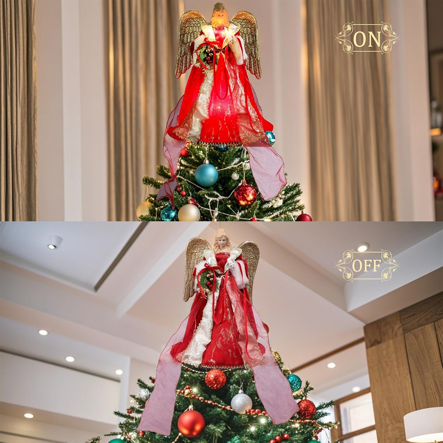 Vigdur Christmas Tree Topper Lights - 13Inch Angel Christmas Tree Topper Plug in with LEDs Golden Wings, Angel Christmas Decorations for Home Holiday Party Wedding Christmas Decor