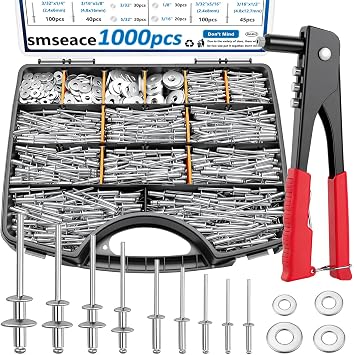 smseace Black, SilverCan Choose Pop Rivet Gun Kit Black Pop Rivets, Large Flange Rivets, Washers and Rivets Gun Tool Packed in Portable Toolbox with Color Label