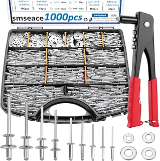 smseace Black, Silver(Can Choose) Pop Rivet Gun Kit Black Pop Rivets, Large Flange Rivets, Washers and Rivets Gun Tool Packed in Portable Toolbox with Color Label