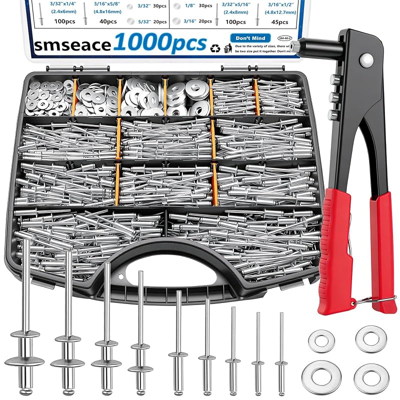 Kit de Rebitador Manual com Rebites Pop, Arruelas e Maleta smseace SM-40-2