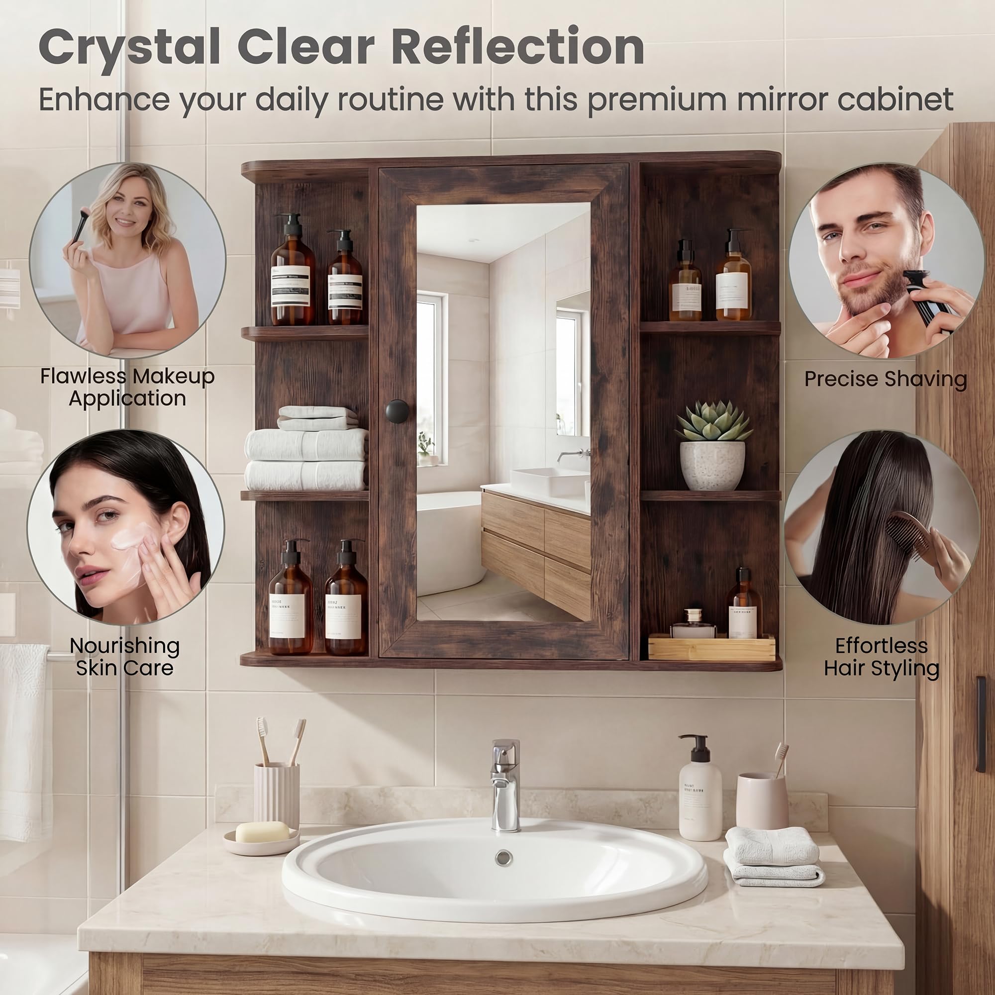 LIFEZEAL Specchio Bagno Contenitore, Mobile Bagno con Specchio con 6 Ripiani Aperti e 3 Chiusi, 1 Anta, Mobiletto Pensile Salvaspazio da Letto, per Soggiorno e Camera, 66 x 16,5 x 63 cm (Marrone)