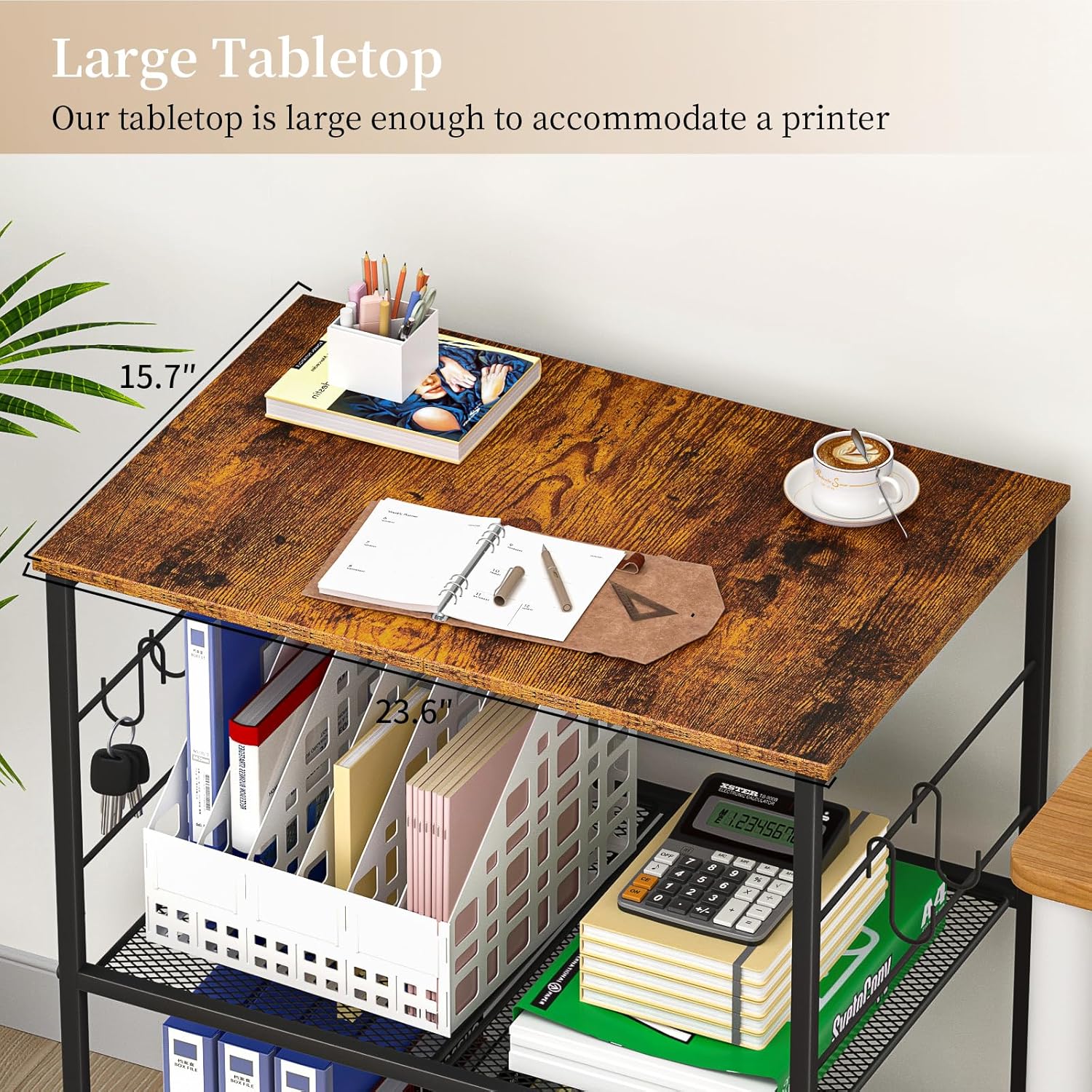 ThreeHio Printer Stand, 3Tier Printer Table with Wheels, Printer Cart with Storage Shelf, Printer Desk for Home Office Fax Machine Scanner, Rolling Cart for Kitchen, Laundry, Balcony, Living Room