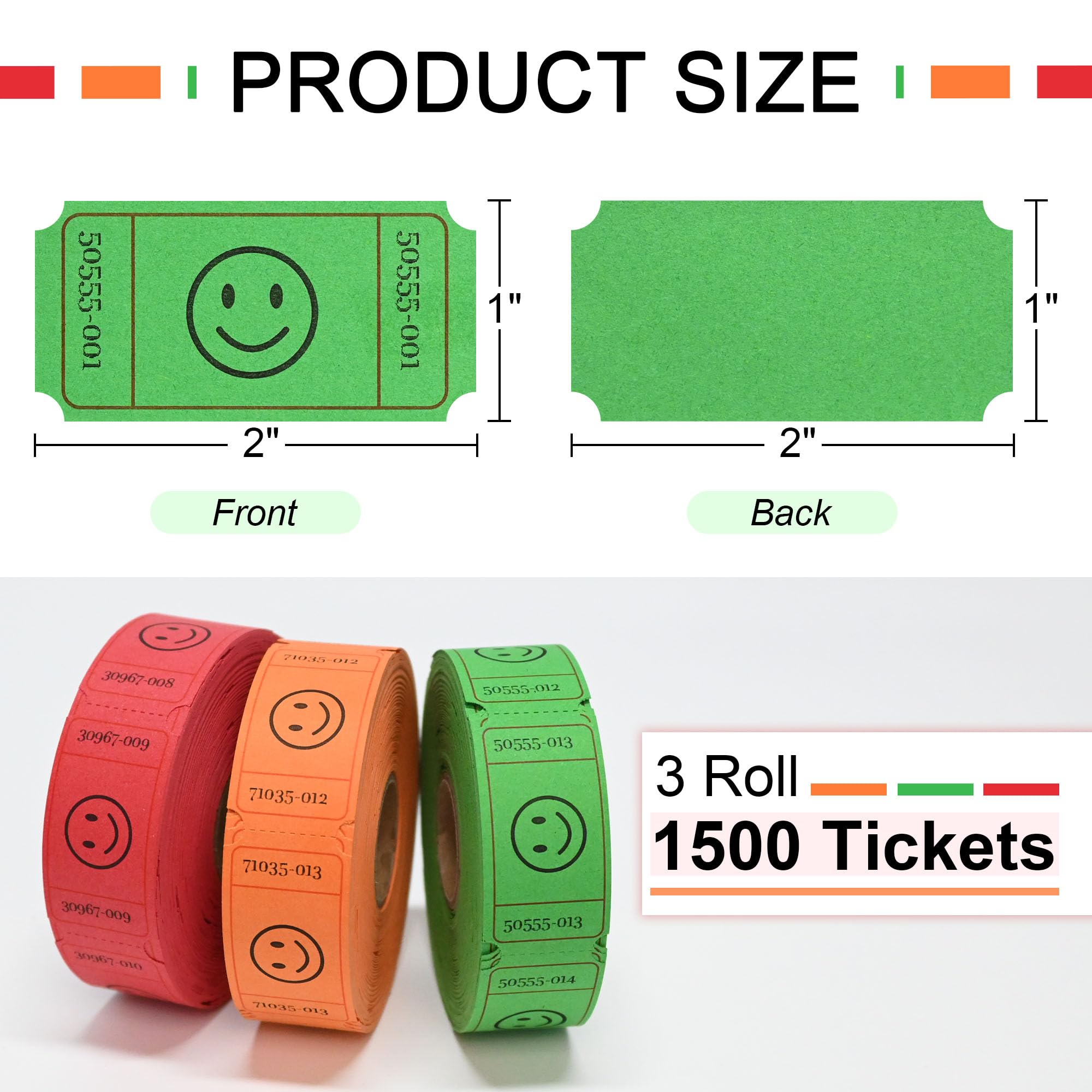 L Liked 1500 Rollos de boletos de rifa, 3 Colores Surtidos, boleto Sonriente de 1 x 2 Pulgadas para Eventos, Entrada, recompensa de Clase, Fiestas, Regalos y premios (Rojo, Naranja, Verde)