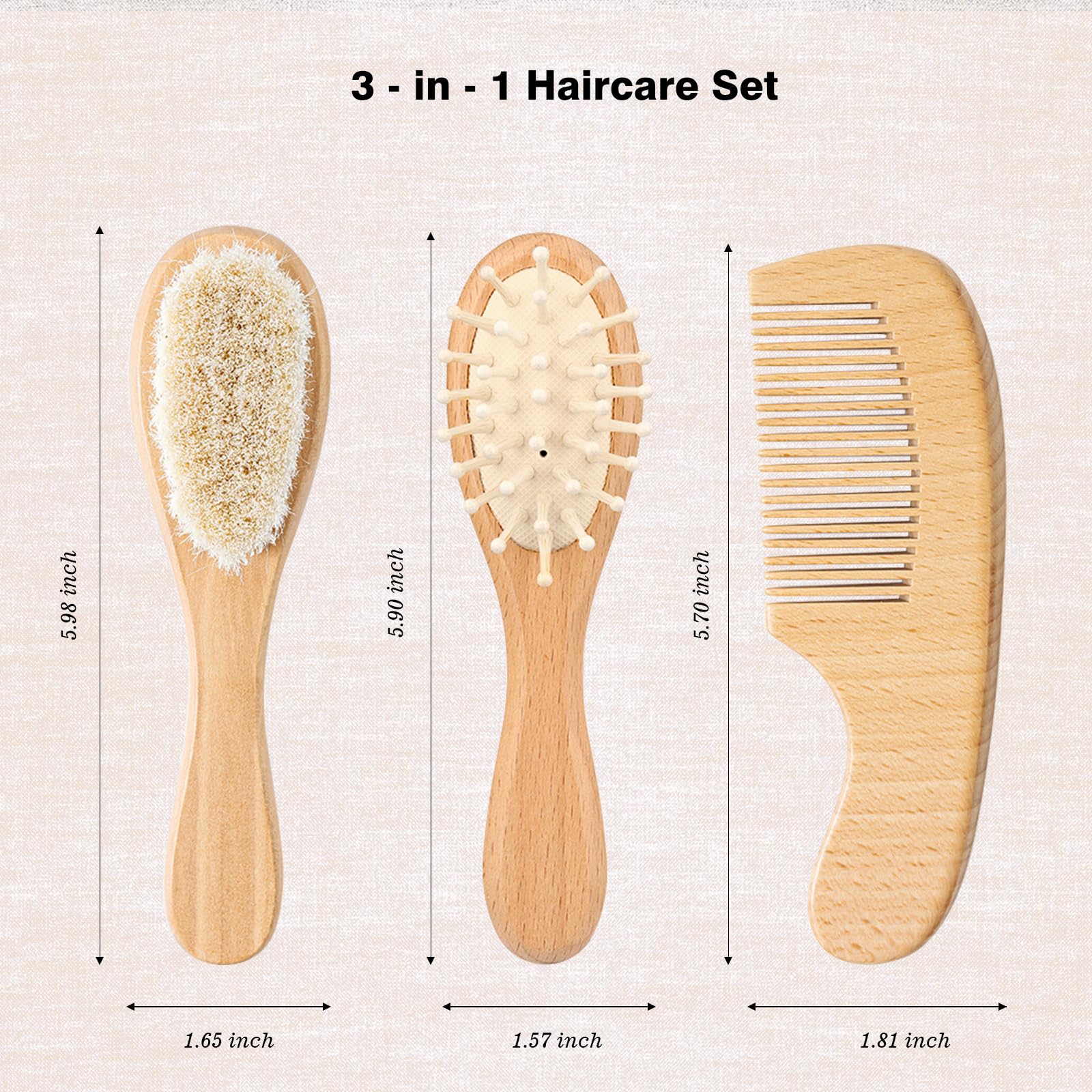 Juego de cepillo y peine de madera para bebé, 3 piezas, peine plano de madera de haya, cepillos de tilo con cerdas de lana suave y peine de cojín de aire de bambú, regalo ideal para