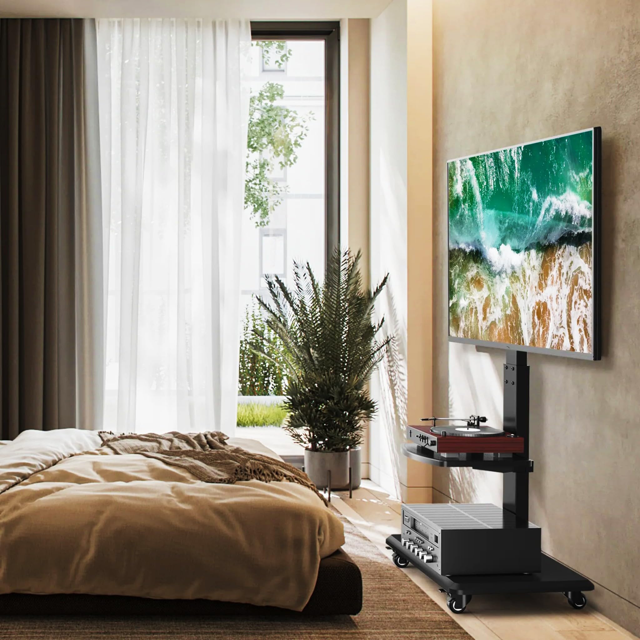 Bricoloco Soporte TV de Suelo con Ruedas giratorias y 2 baldas de Apoyo para Accesorios - Soporte de pie para televisores de 37 a 70 Pulgadas con Base Robusta y Estable - Sistema de Cables recogidos.