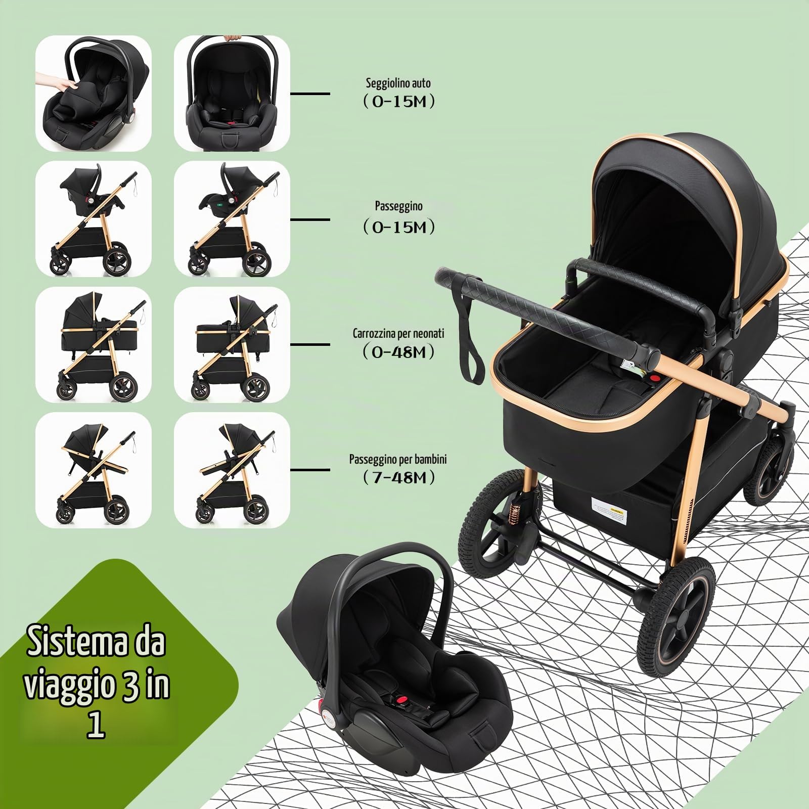 3 in 1 Passeggino per Bambini, Passeggino Combinato, Manico Regolabile in Altezza, Baby Buggy, Carrozza e Sedile Auto con Zanzariera, High Vision Telaio in Alluminio per Neonati(0-4 Anni 22KG)