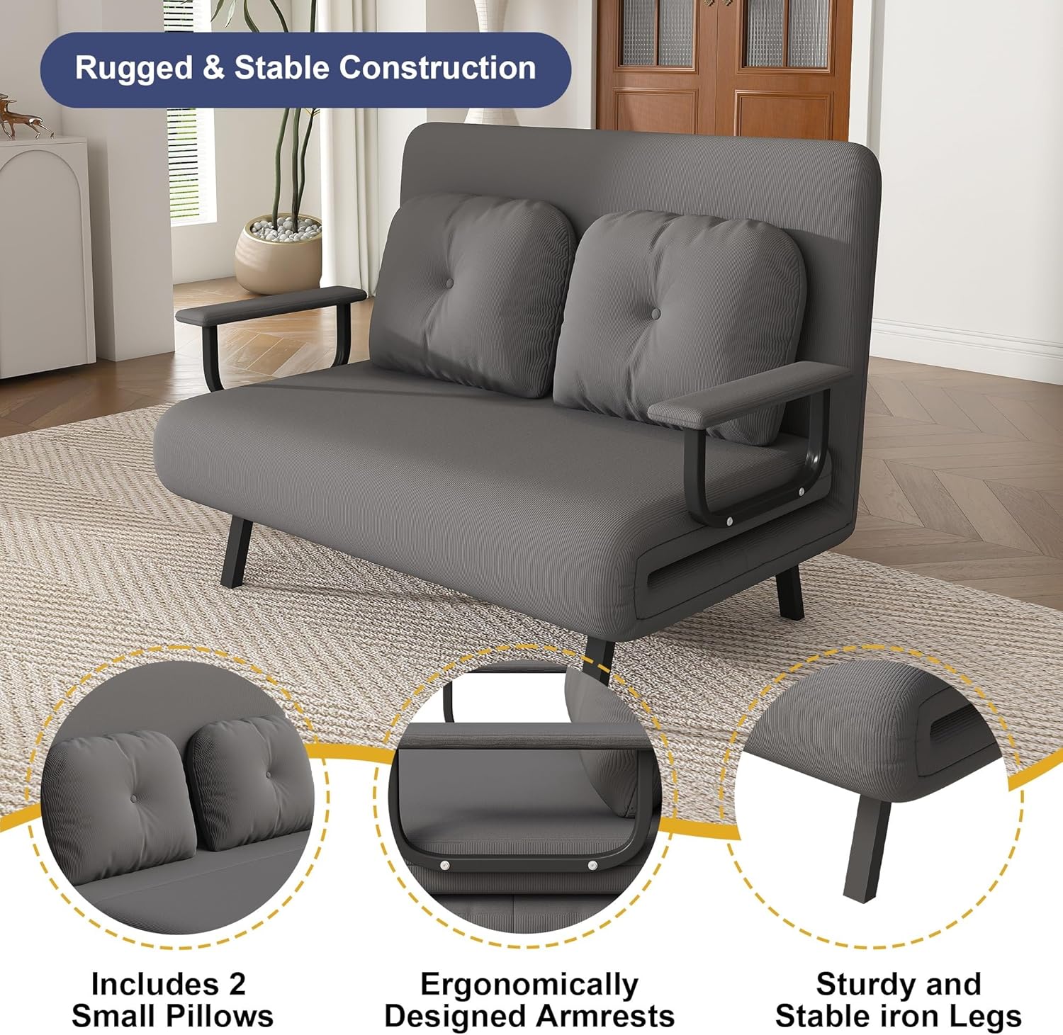 46" Wide Folding Sofa Bed 5-in-1 Convertible Chair for Two – Extra-Wide Space-Saving Sleeper with 5-Position Adjustable Backrest, Pillow & Corduroy Fabric (71.6" W x 46" D)(Gray)