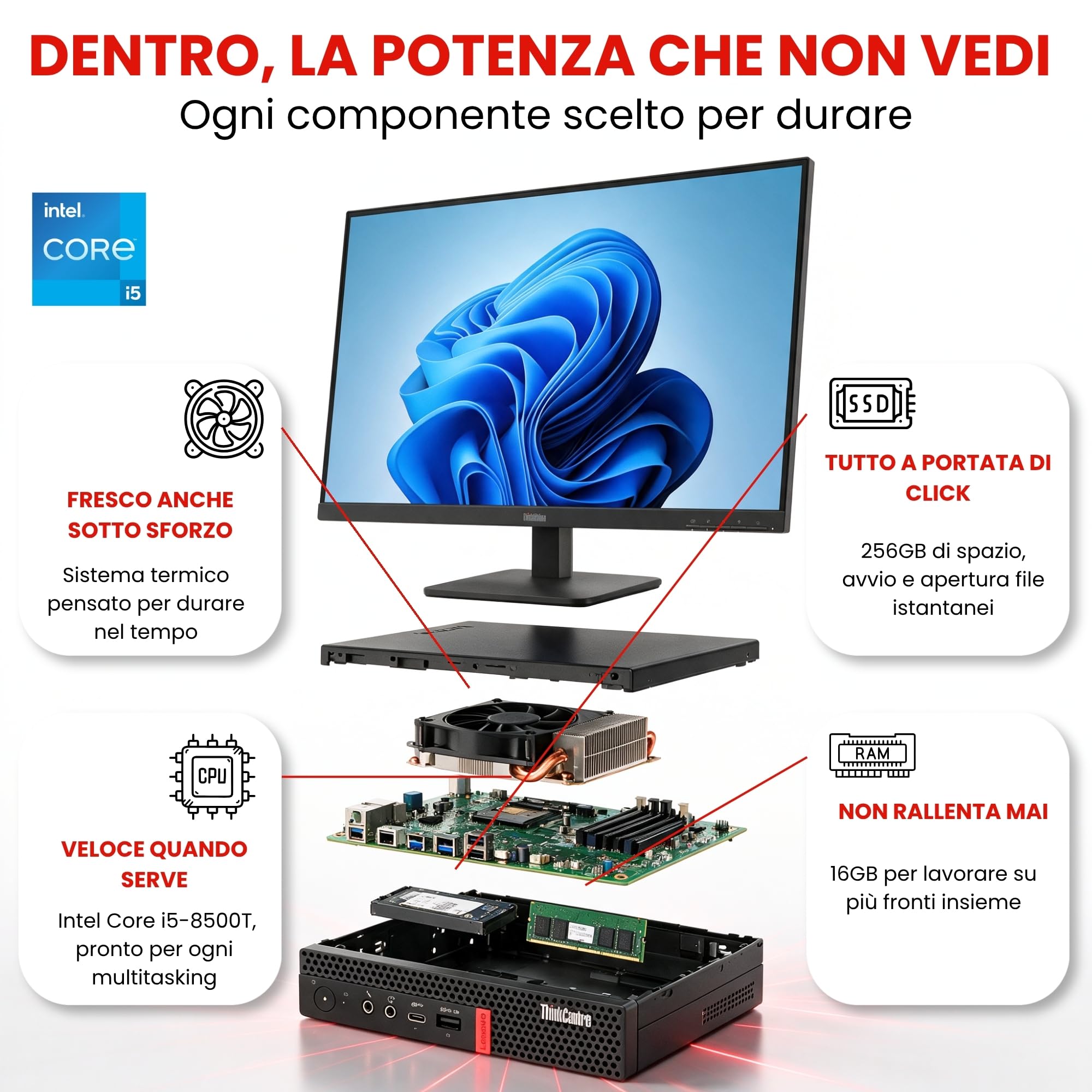 Lenovo Computer Completo 27 pollici i5 8500 16 GB di RAM 256gb SSD NVME Win 11 Pro Office 2021 Pro 36 mesi di garanzia -S27 GARANZIA 36 MESI