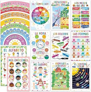 12 PCS Spanish Educational Classroom Posters Set for Toddlers (11x17")
