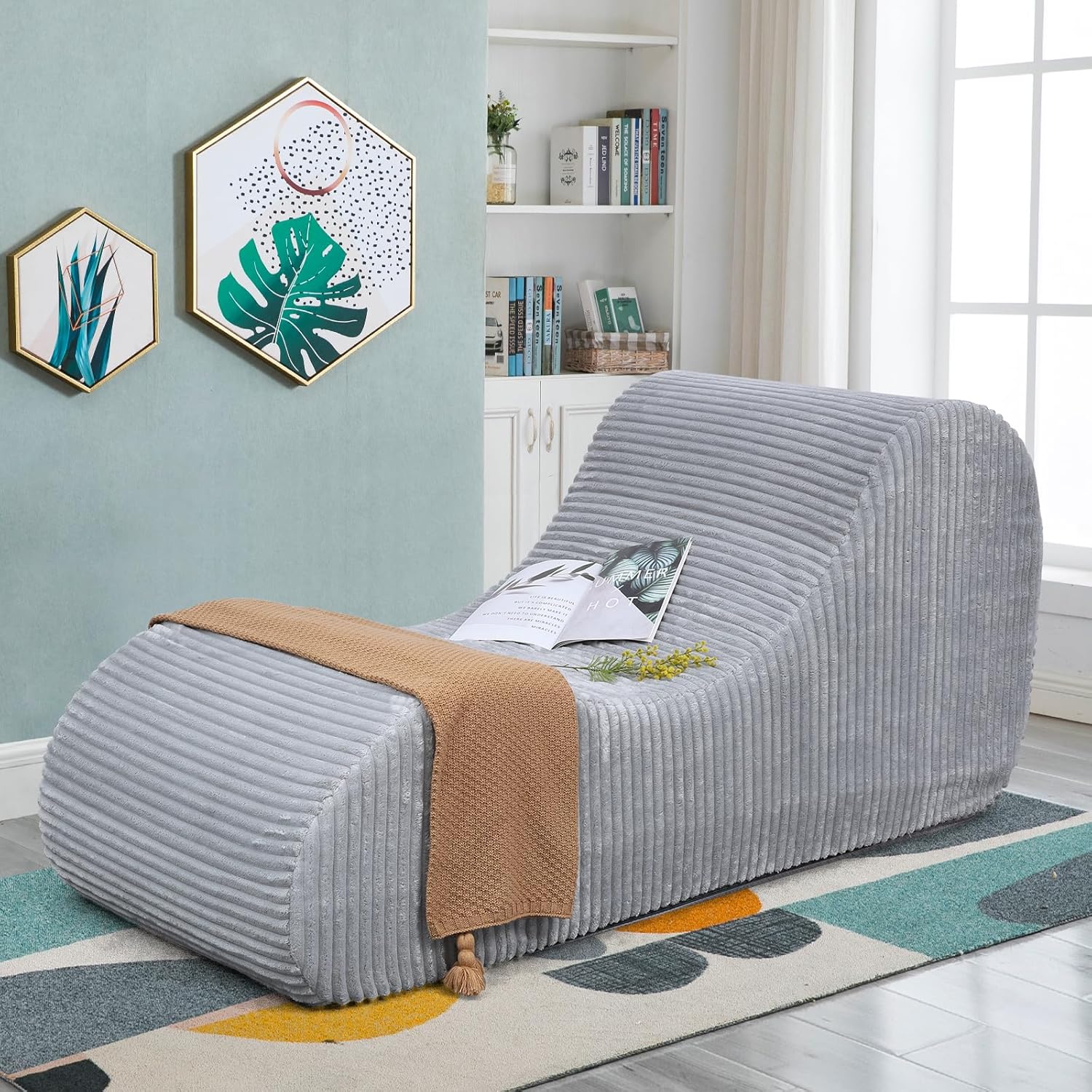 Boneless Oversized High-Density Sponge Soft Sofa Corduroy Chaise Lounge Chair Couch Indoor, Light Grey