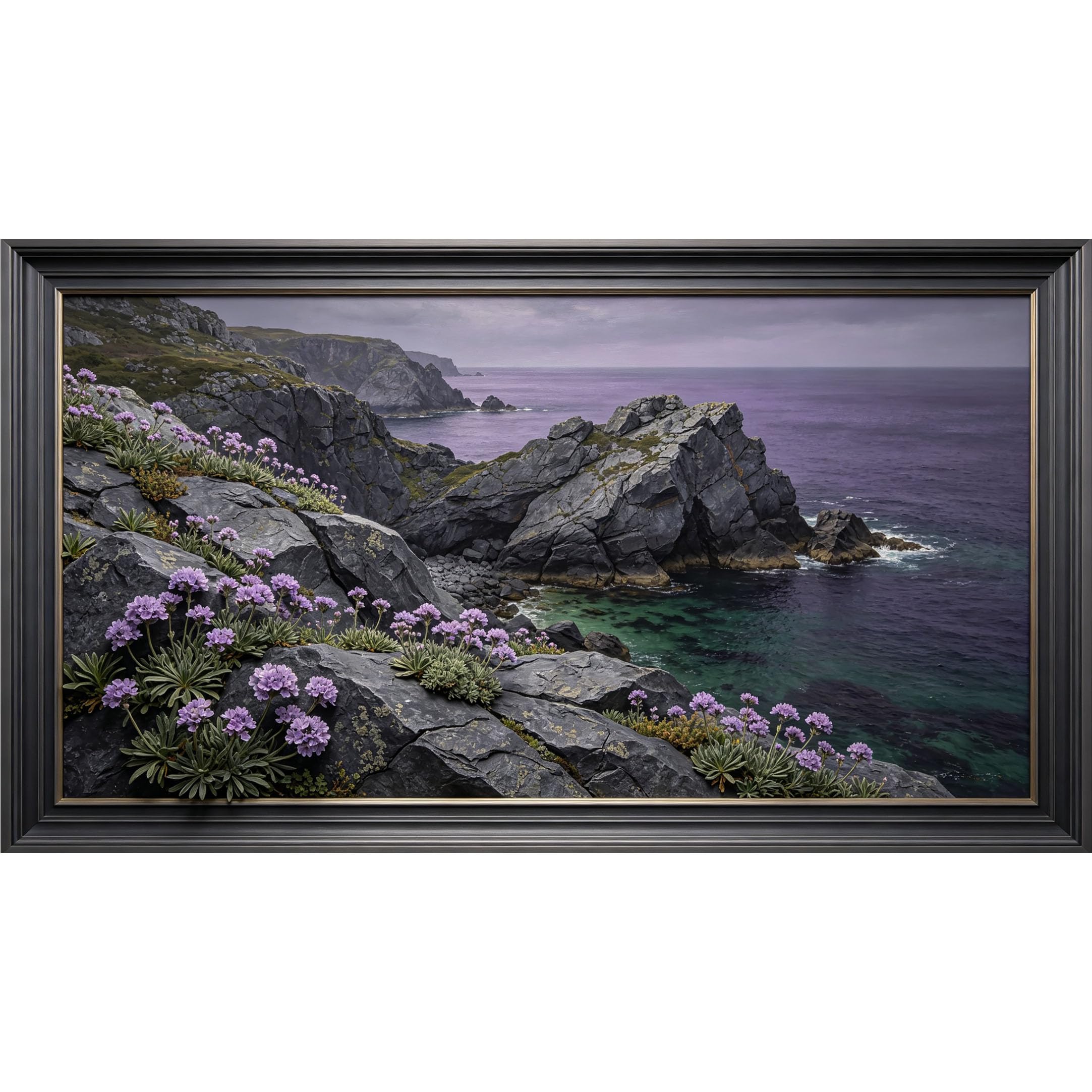 QZLITHOTIC 50×90cm3D Framed Wall Art， Coastal Rocky Cliff Wildflower Landscape Self?Adhesive Mural， Water?Activated Peel & Stick Fabric Decor Wall Decal for Bedroom Living Room