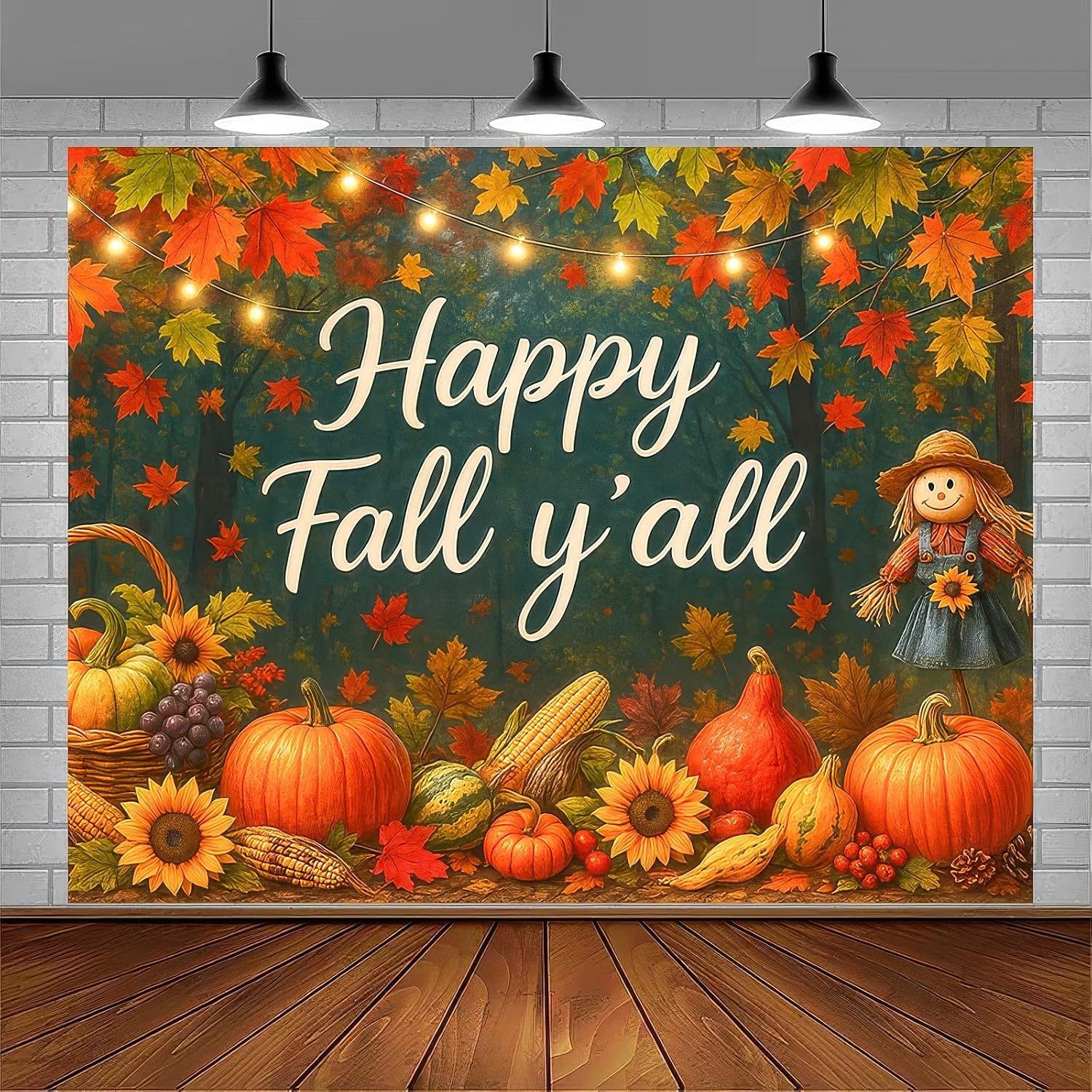 BlissYard Happy Fall Y'all Backdrop Autumn Scarecrow Sunflower Photography Backgroup Banner 8x6ft Autumn Thanksgiving Party Decorations Happy Fall Maple Leaves Pumpkins Decorations