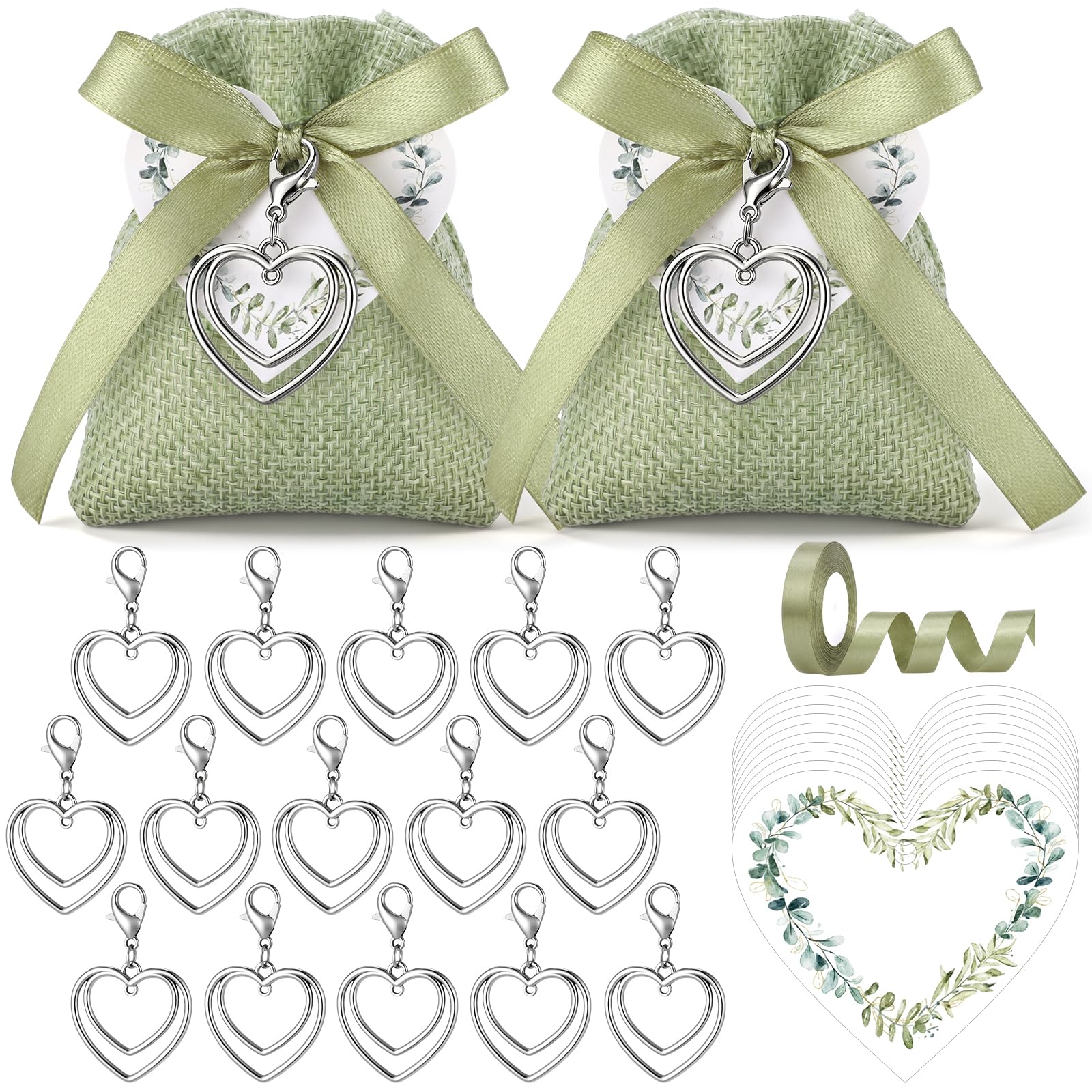 BBTO 36 Set Sacchetti per Confetti in Lino Sacchettini Bomboniere Matrimonio Comunione Cresima con Portachiavi Cuore e Bigliettino Nastri Sacchetti Regalo per Fidanzamento Battesimo Festa