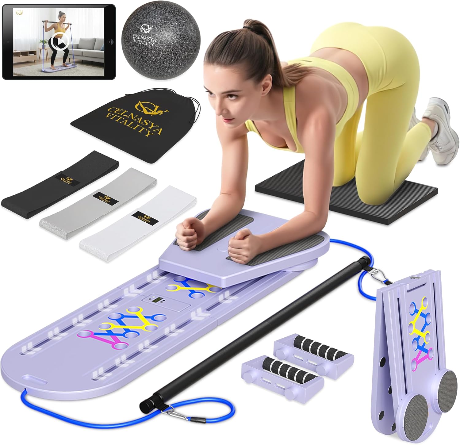 Pilates Reformer Board, 7-in-1 Foldable Pilates Board Kit with Timer, Guided Home Workouts w Resistance Bands & Ball - at Home Pilate Reformer AB Core Machine, Exercise Fitness Slider Equipment Purple