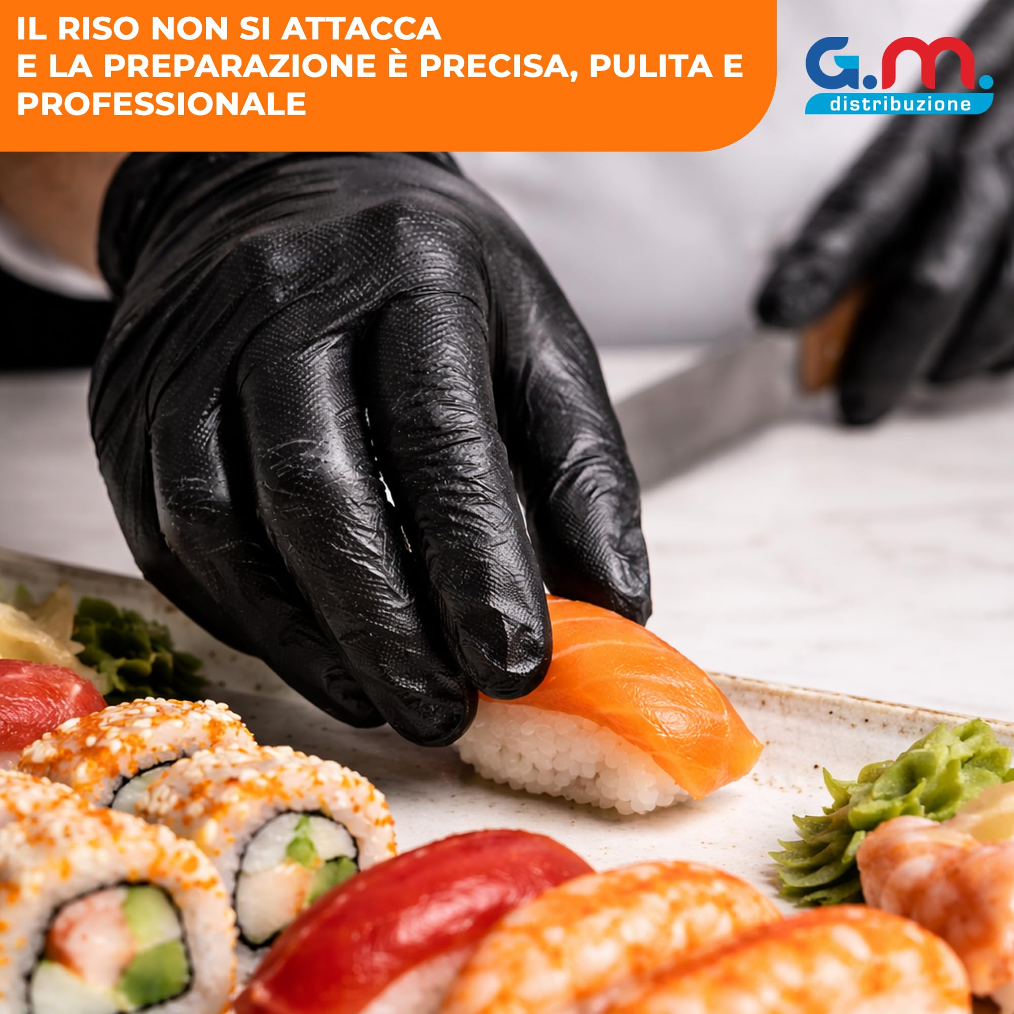 GM 2000 Guanti Sushi Extrasensibile Neri Taglia M/L, Senza Polvere e Lattice, Ipoallergenici, Guanti Monouso per Sushi, Manipolazione degli Alimenti