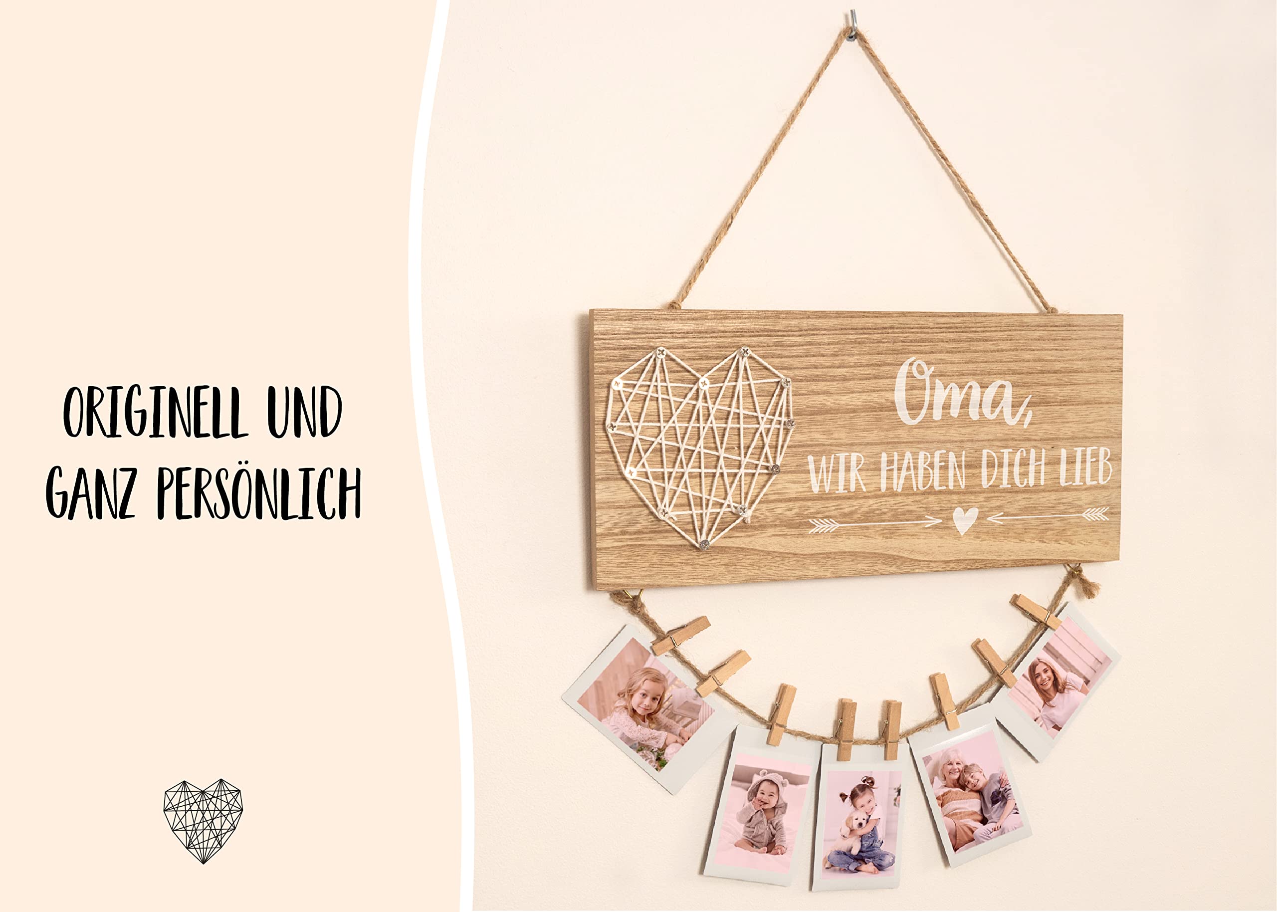 Oma wir haben Dich lieb | Oma Geschenk, Geburtstagsgeschenk | Holzschild, Fotoseil und Holz Klammern | Tolles Geschenk für Oma zum Geburtstag, Muttertag oder Weihnachten