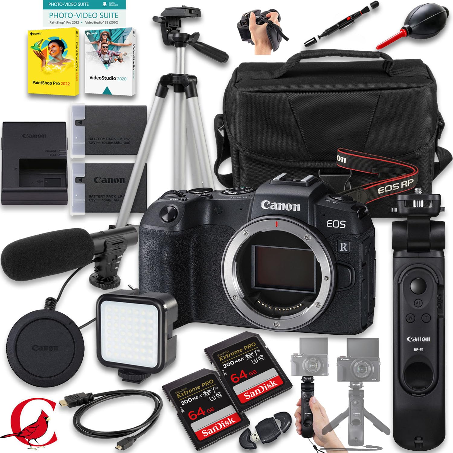 Canon EOS RP Mirrorless Camera + HG-100TBR Tripod Grip + 128 GB Memory Card + Extra Battery + More (23pc Bundle)