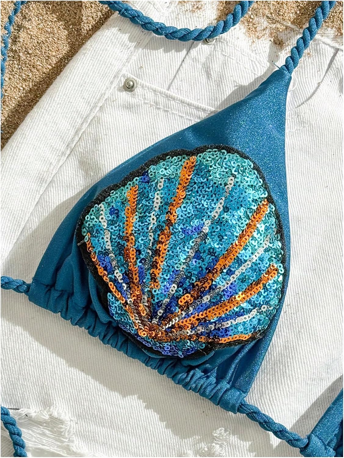 MakeMeChic Women's Sparkly Sequin Triangle Bikini Tops Seashell Tie Backless Summer Swim Tops