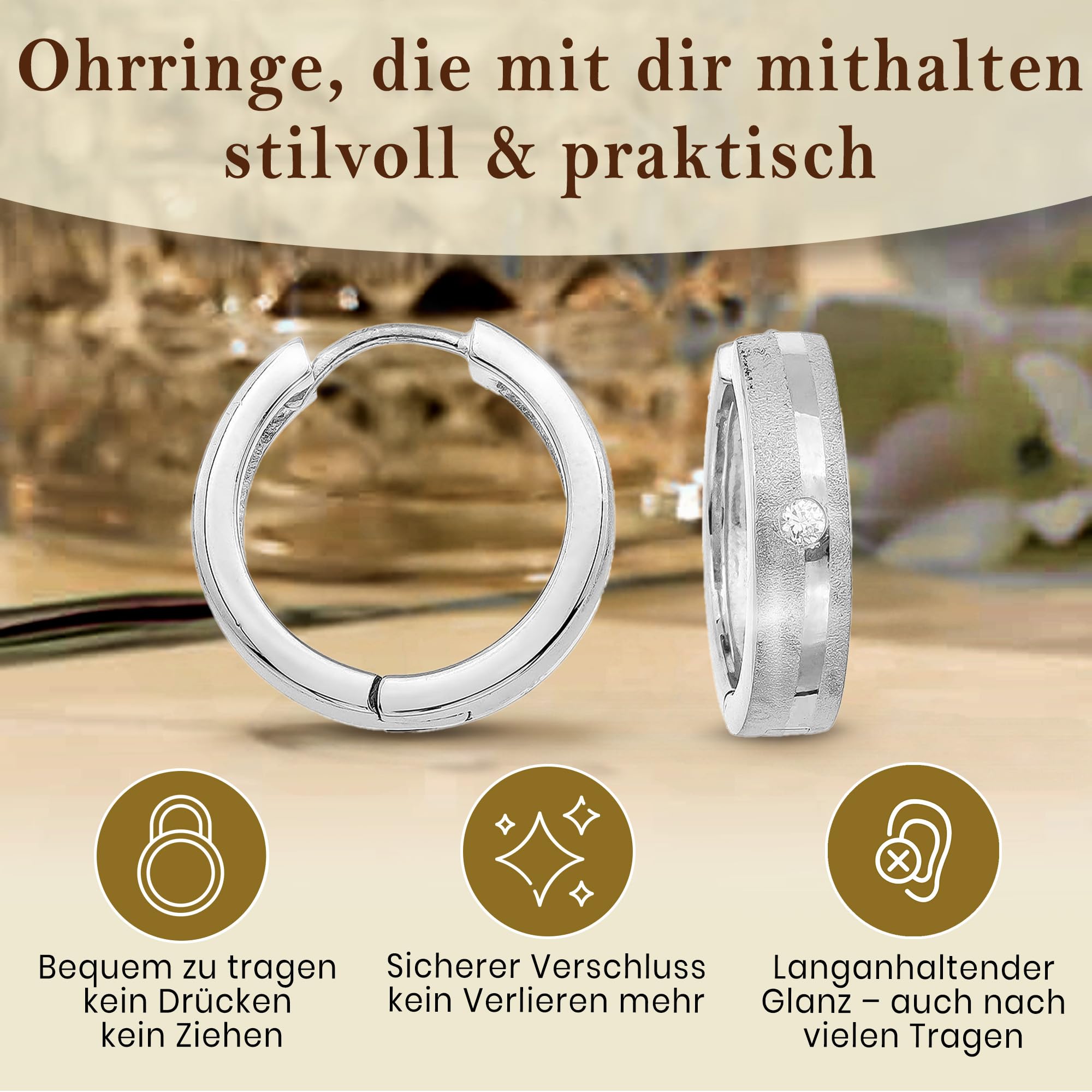 Cassini Klappcreolen Silber 925 Damen – Kleine runde Creolen Ohrringe aus rhodiniertem Sterling Silber mit Zirkonia, mattiert & poliert – Hypoallergen & elegant für jeden Anlass, 3CAD