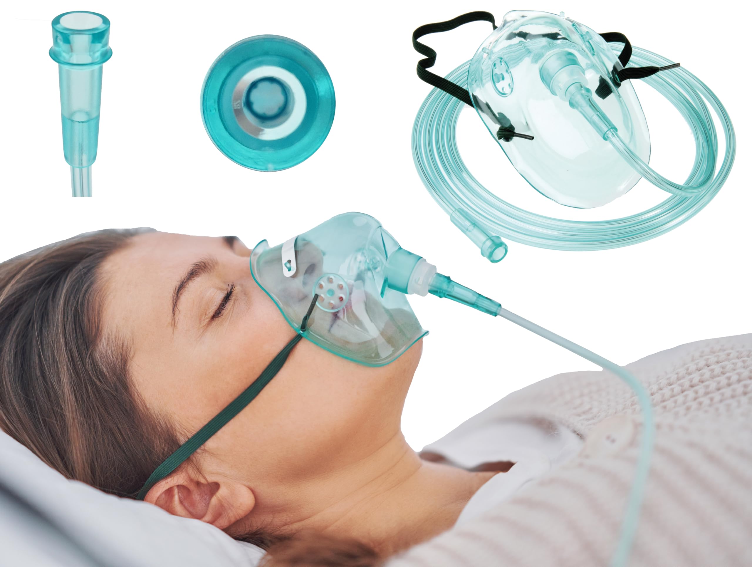 Tiga-Med Maschere di ossigeno per adulti, 5 pezzi, senza DEHP, verde, con tubo di ossigeno da 210 cm, maschera O2