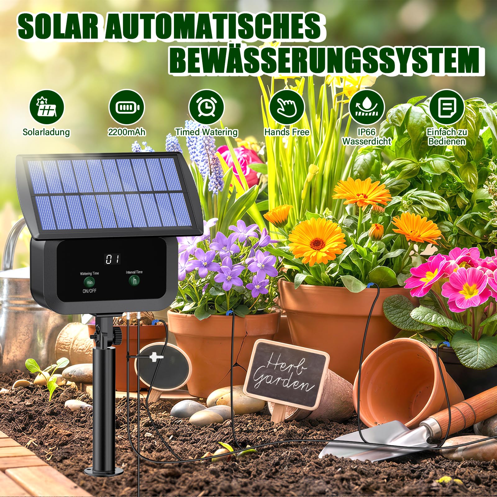 Solar Bewässerungssystem Garten, Automatische Bewässerung für Pflanzen im Urlaub mit Timer und 15M Schlauch, Solar Tropfbewässerung für Garten, Balkon Pflanzen, Kübelpflanzen im Freie