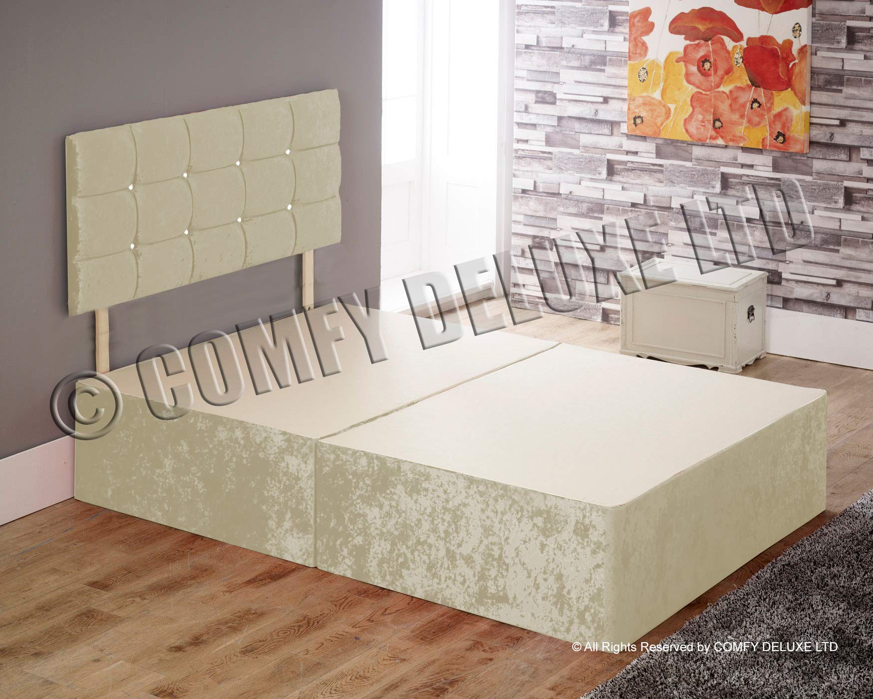 Comfy Deluxe LTD DIVAN BED SINGLE DOUBLE KING SIZE SUPER KING BASE WITH CUBE HEADBOARD IN CRUSHED VELVET (4FT6-0 DRAWER, CREAM)