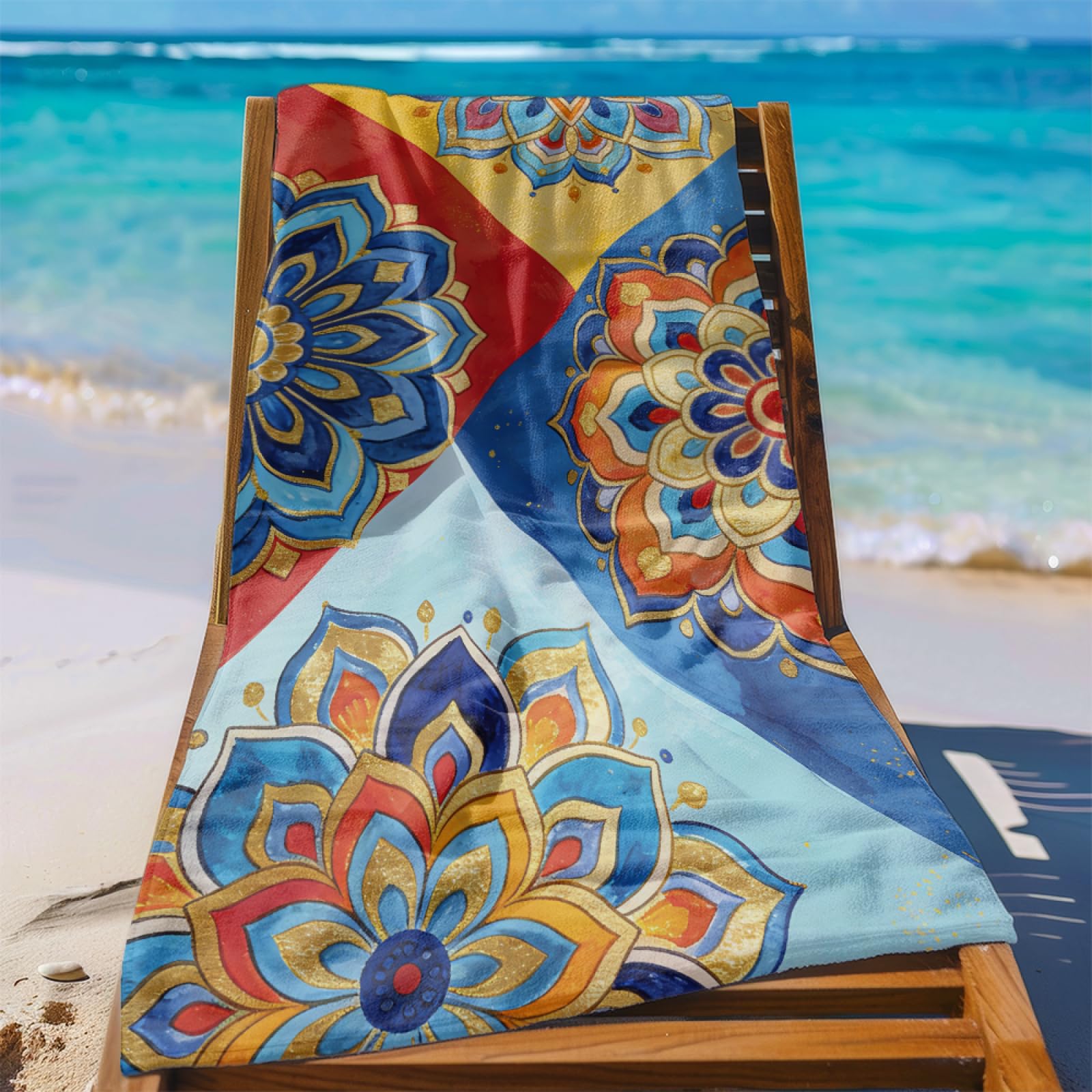 Fouta PlageFleur d'or Rouge Bleu Modèle Surdimensionné avec Diverses Tailles, Respirante et Portable, Parfaite pour Voyages Sorties Piscine et Usage Extérieur Quotidien 90x160 cm