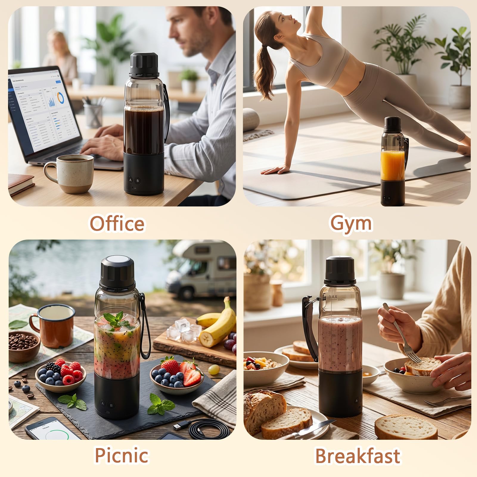 Gugxiom Batidora personal portátil de 20 oz, mini batidora de 20000 rpm, 3 en 1, batidos de leche, hielo triturado, granos de café molidos, USB-C recargable, para viajes, hogar, gimnasio y oficina