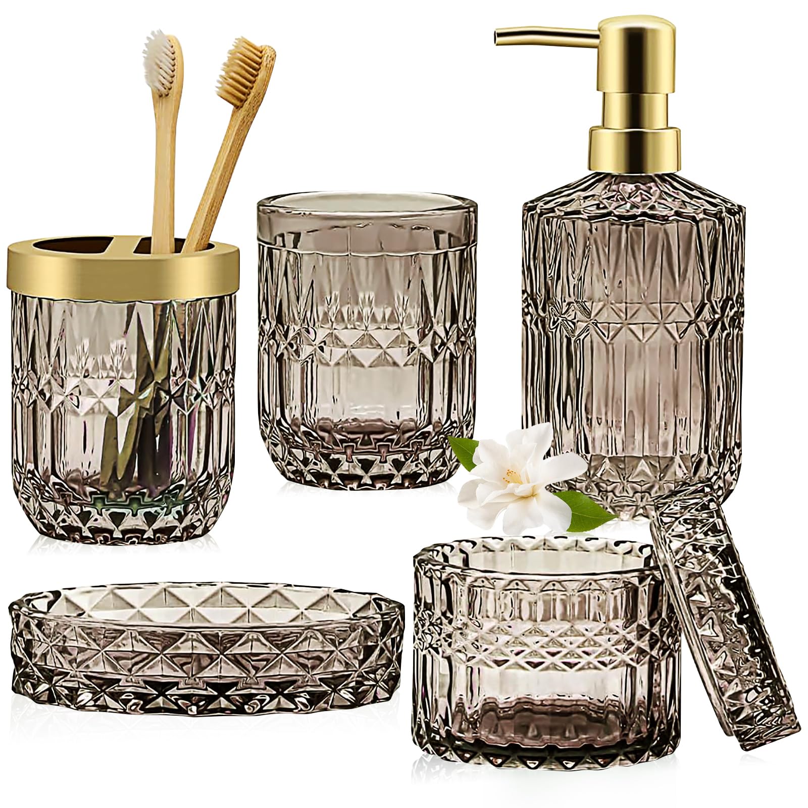 Amber Glass Bathroom Accessories Set, Modern 5-Piece Vanity Organizer Gift