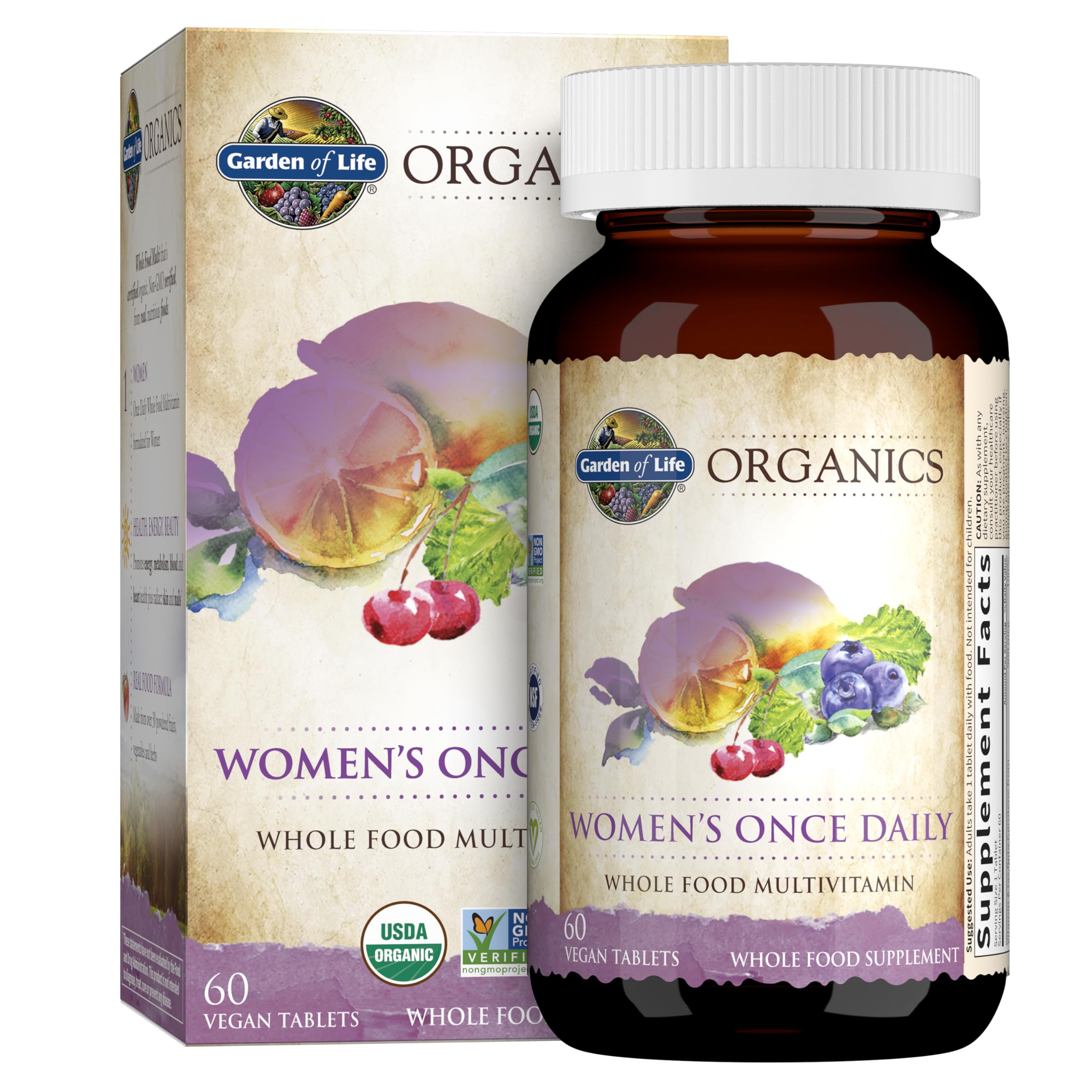 Garden of Life Organics Multivitamin for Women - Women's Once Daily Multi - Whole Food Multi with Iron, Biotin, Vegan Organic Womens Multivitamin for Health, Energy Hair Skin and Nails, 60 Tablets
