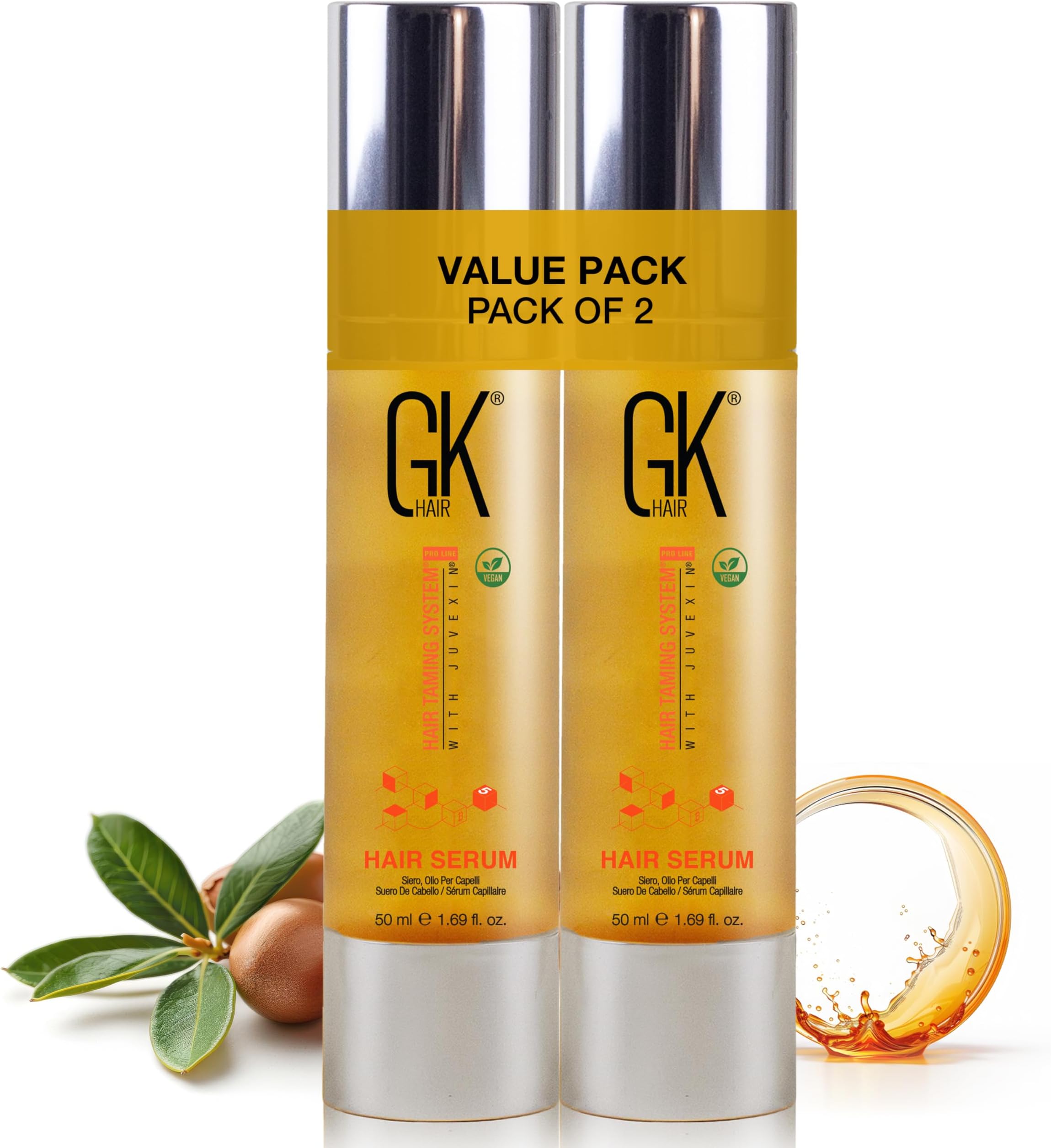 GK HAIR Global Keratin 100% Organic Argan Oil Anti Frizz Hair Serum Pack of 2 (1.69 Fl Oz/50ml) Styling Smoothing Strengthening Hydrating & Nourishing Heat Protection Shine For Frizzy Dry Damaged Hair