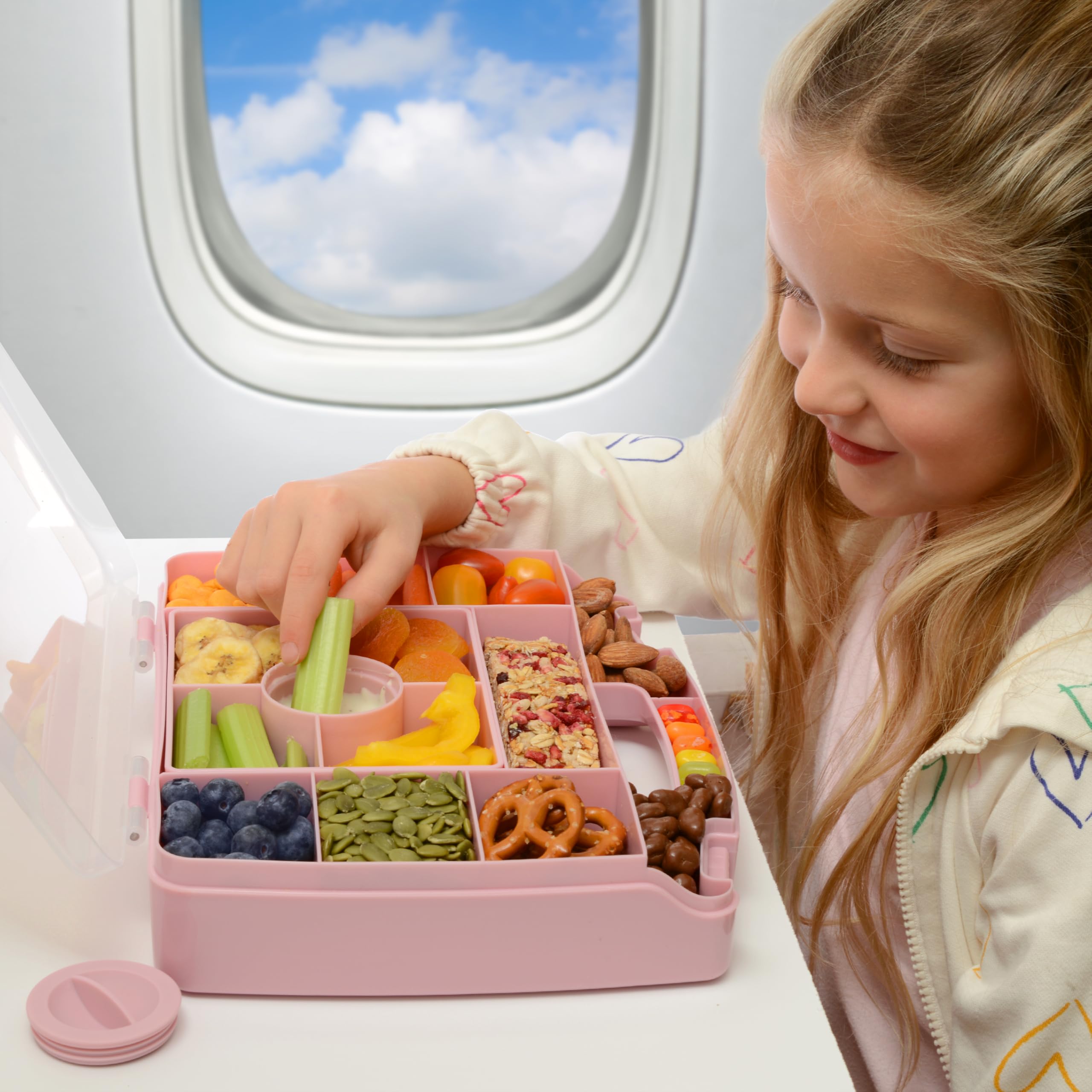 PrimaStella Snacktainer - Caja de aperitivos de viaje, caja de 15 compartimentos con asa y bandeja extraíble con taza de inmersión a prueba de fugas (verde)