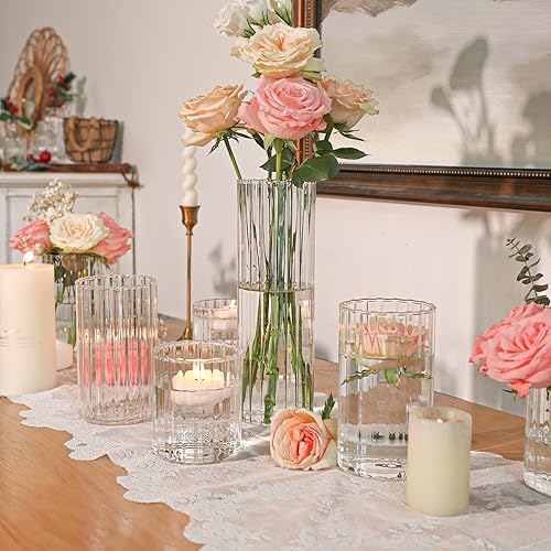Miniatura 2 de ComSaf Paquete de 12 jarrones cilíndricos de vidrio, jarrones transparentes acanalados para centros de mesa, decoración de malas hierbas, jarrones