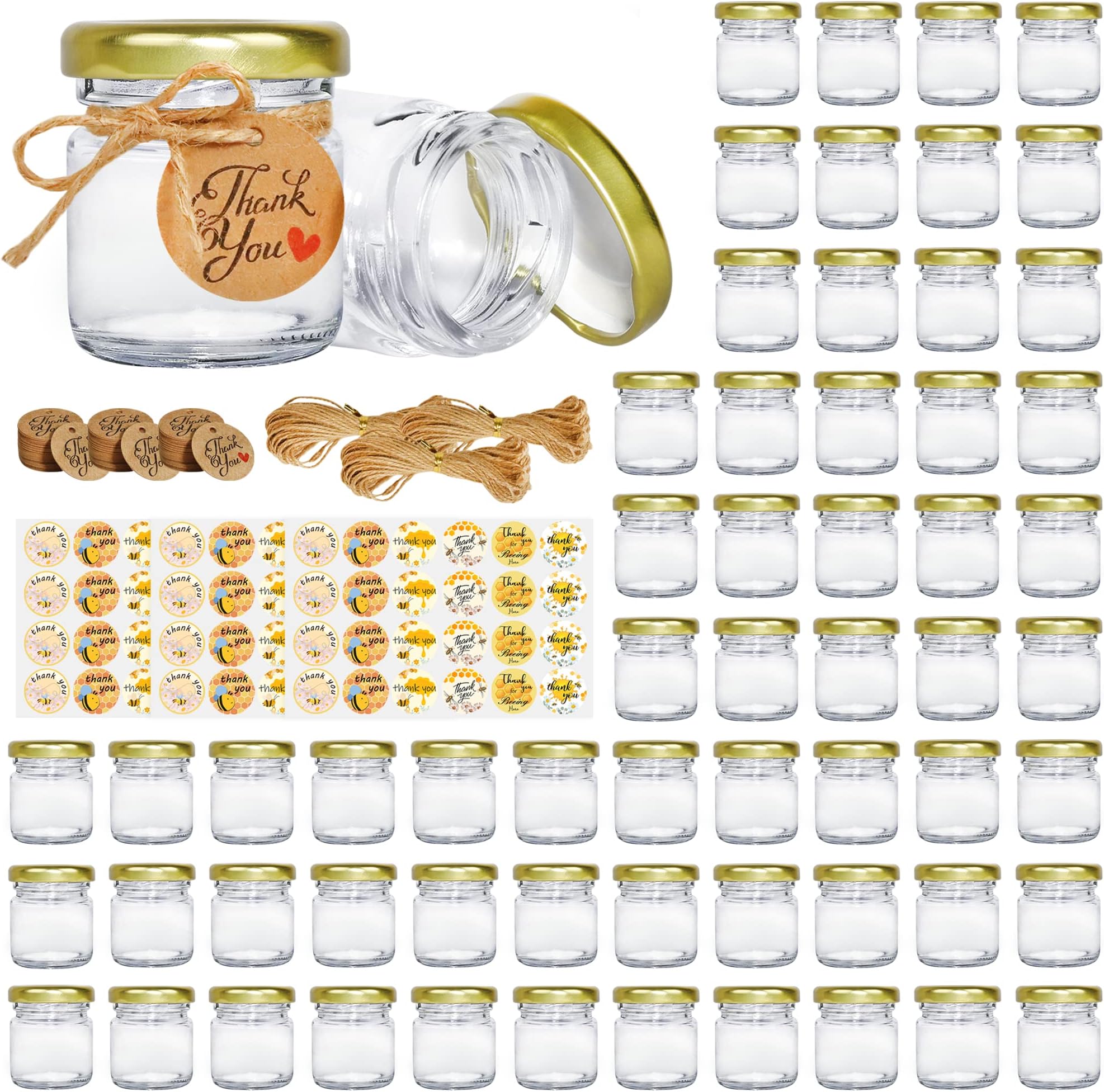 Mini Honey jars 1.5oz, 60 pcs Honey Jars with 60 Bee Stickers,Tags,Jutes Rope,Mini Honey Jars with Lids, Perfect for Candle Jar,Spices,Jams,Baby Shower, Wedding Favors, Party Favors