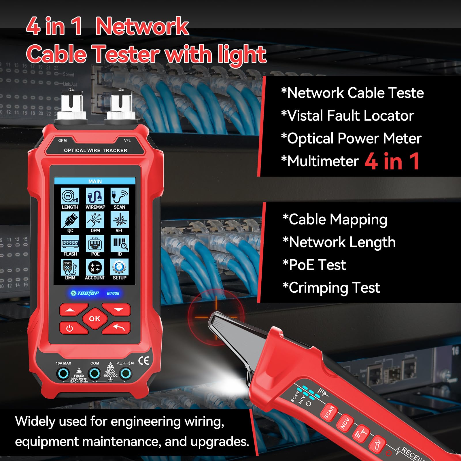 Tester per cavi di rete con funzione multimetro – RJ45/RJ11/BNC, misurazione lunghezza, rilevamento guasti, PING, PoE, tracciamento tono, display LCD multifunzione