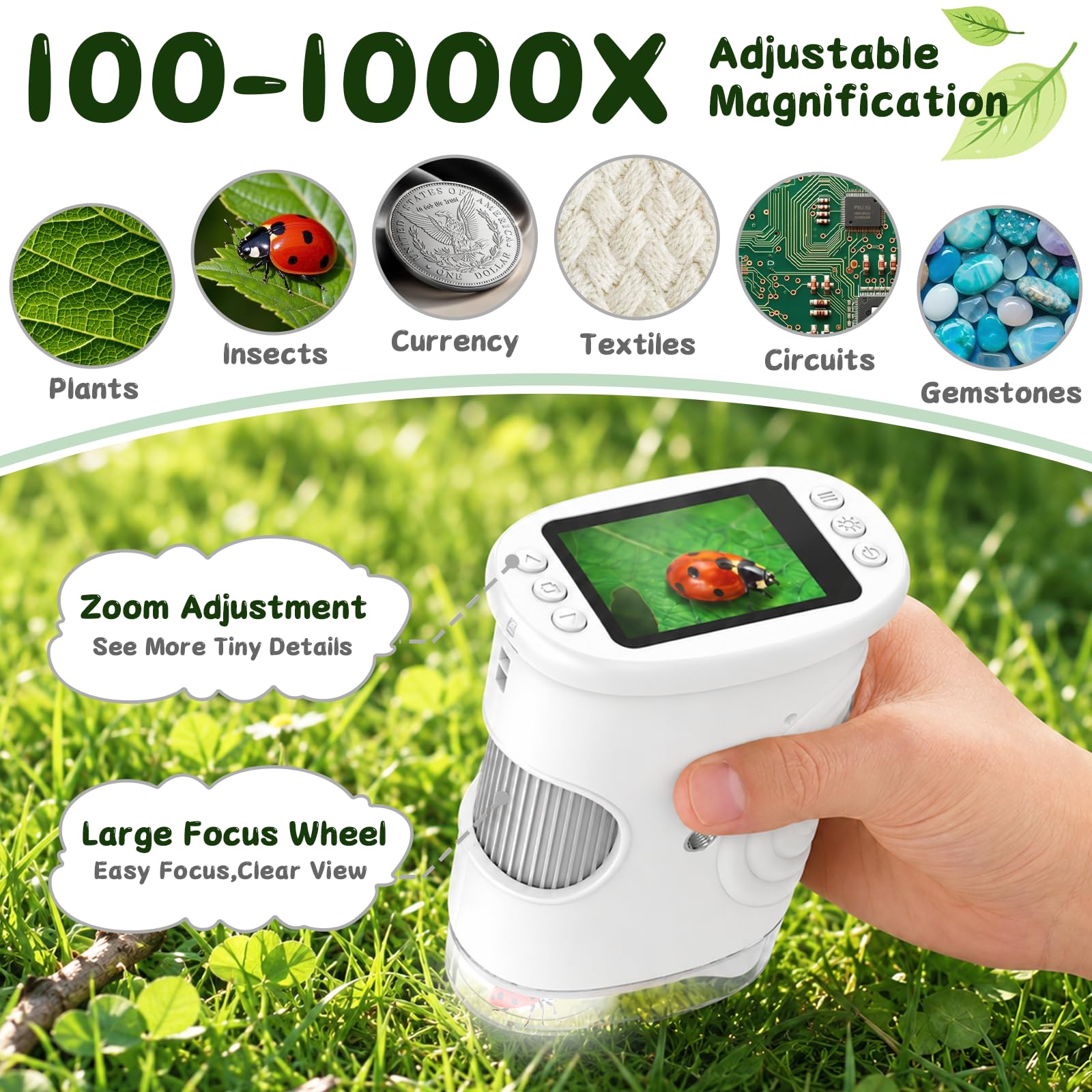 Microscope Enfant Portable 1000X – Microscope Numérique avec Écran IPS 2 Pouces et 8 LED, Fonction Photo & Vidéo, Jouet Scientifique Cadeau pour Garçons et Filles (Blanc)