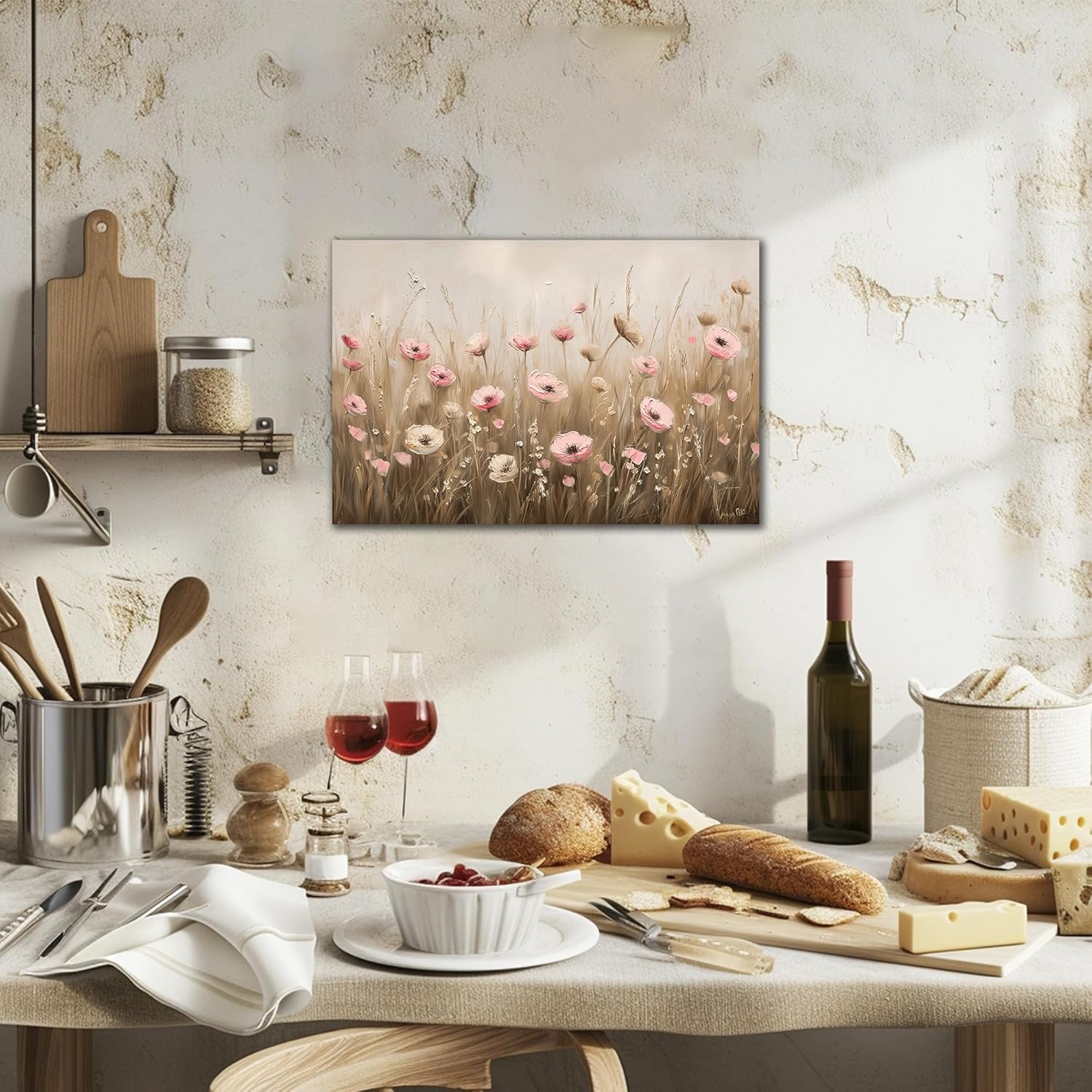 Floral Canvas Wall Art, Modern Pink and White Flower Abstract Painting Pictures for Bathroom Decor, Framed Colorful Wildflower Nature Aesthetic Landscape Prints Poster for Bedroom Artwork 18x24 Inches