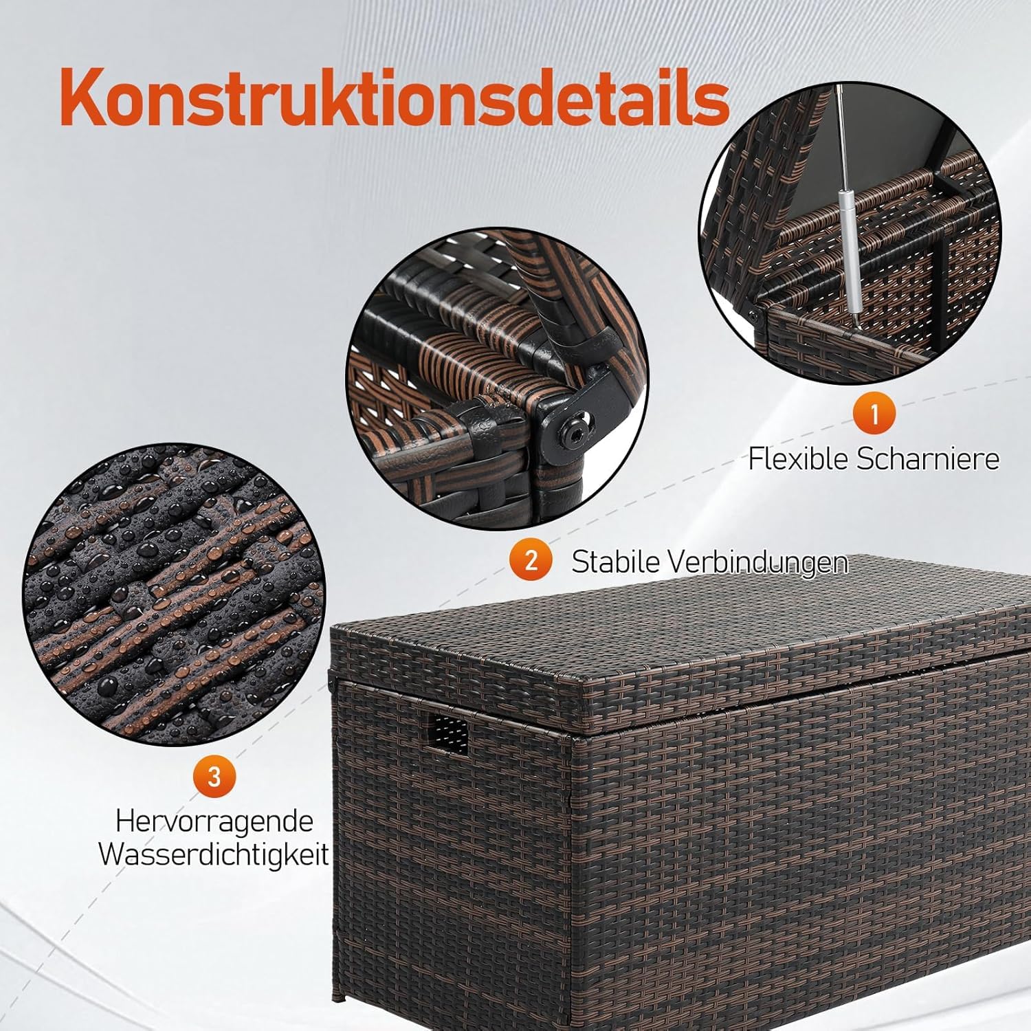 Polyrattan Gartenbox mit Deckel, auflagenbox wasserdicht 500L - Mit flexiblem Scharnier, UV-beständig, rostbeständig, großes Fassungsvermögen, Brauner Farbverlauf