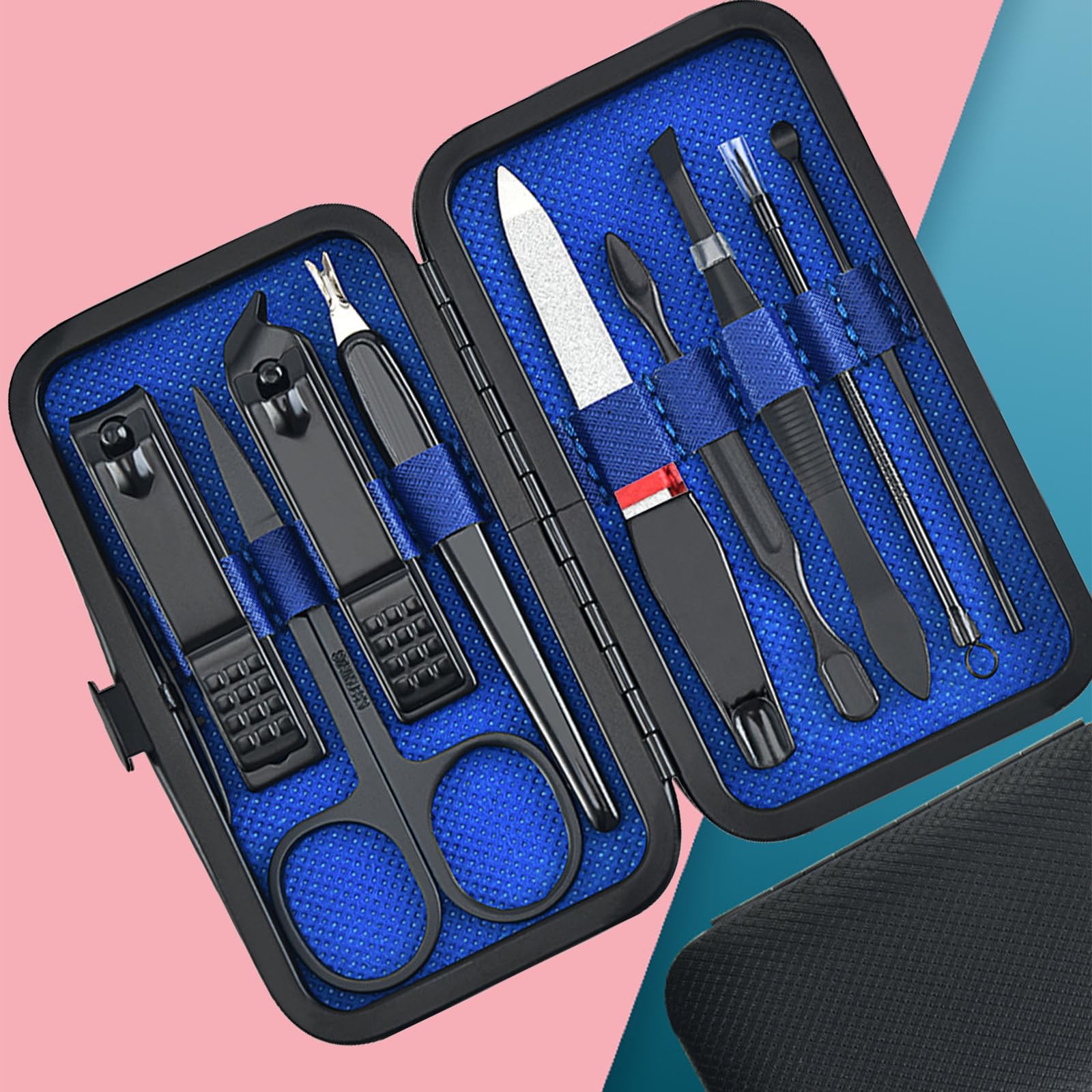9-Piece Nail Clippers Set - Portable 9-in-1 Manicure Kit for Travel Complete Professional Nail Care Tools Blue