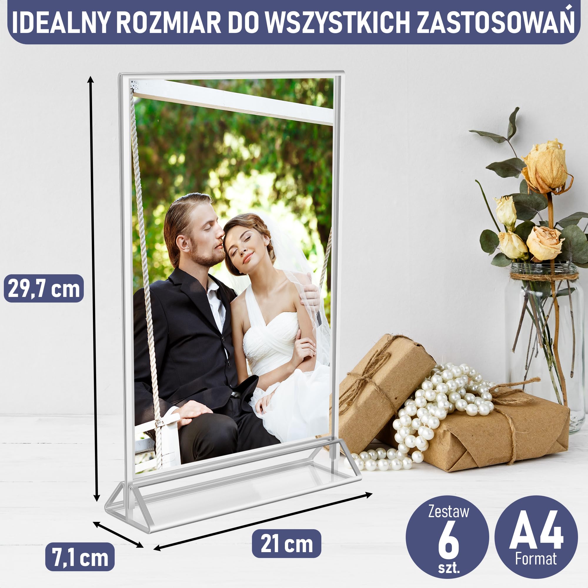 Dwustronne Srebrne Ramki A4, Zestaw 6 Szt., Akrylowe Uchwyty Na Numery Stolików, Przezroczyste Stojaki Na Tabliczki, Srebrne Ramki Na Numery Stolików Weselnych, Uchwyty Na Menu I Zdjęcia Na Wydarzenia