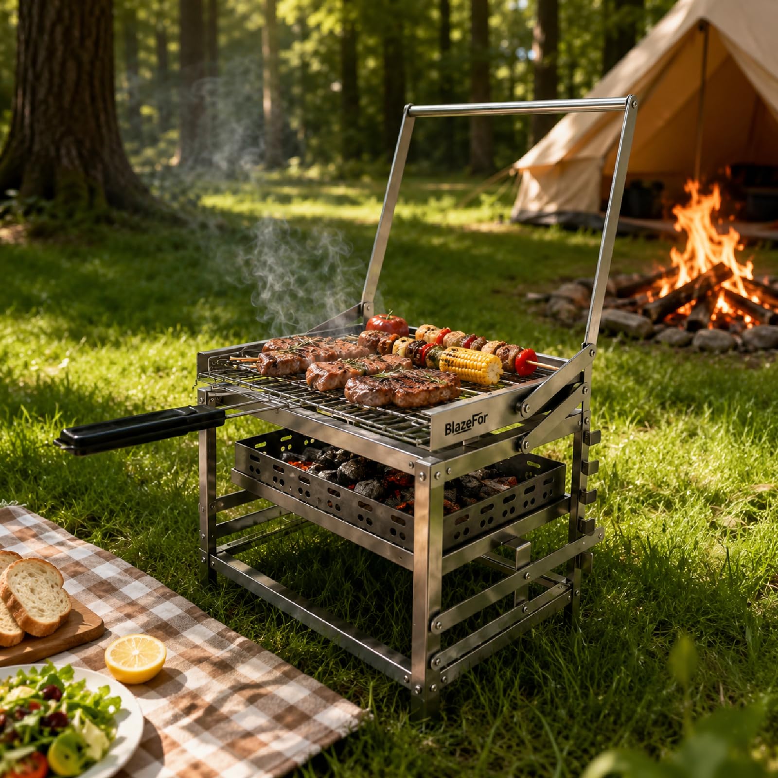 Barbecue a Carbone Girevole 180° Inox Portatile per Giardino e Campeggio | Griglia Ribaltabile a 180° con Manovella, Braciere Regolabile in Altezza, Pinza per Carne Inclusa, Facile da Montare