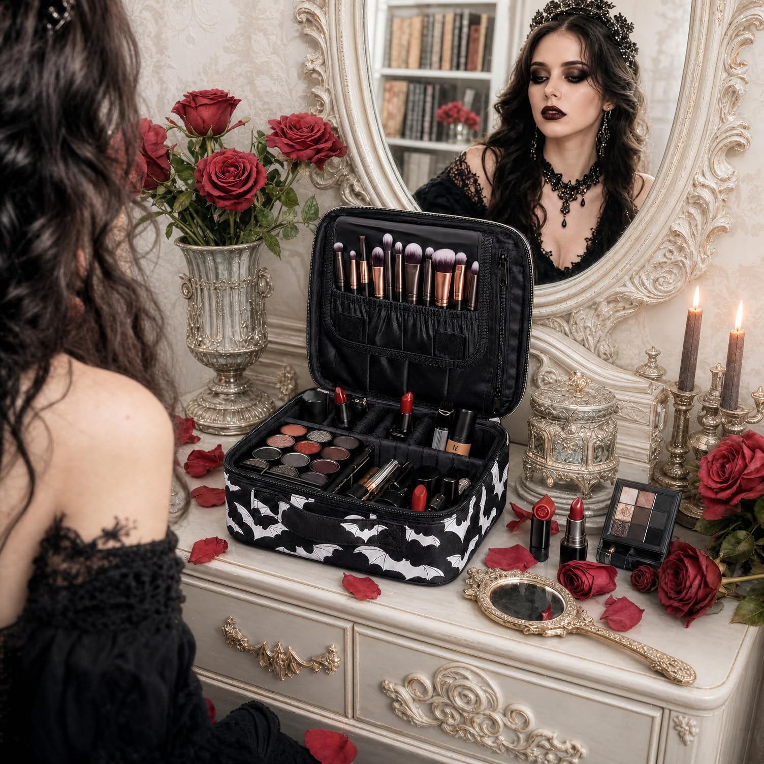 Goth Bats Travel Makeup Bag Organizer with Adjustable Dividers